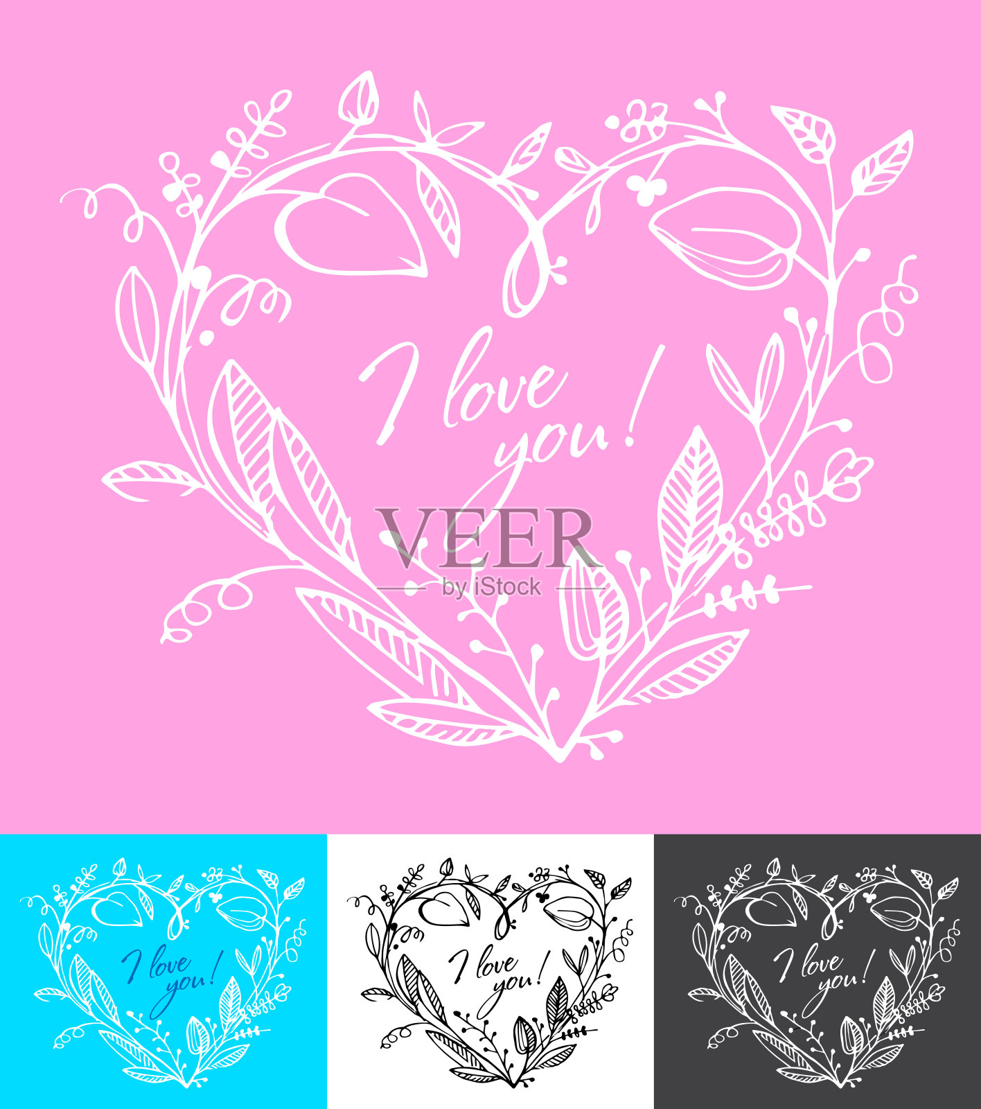 用鲜花做成心形的花环。情人节卡片插画图片素材