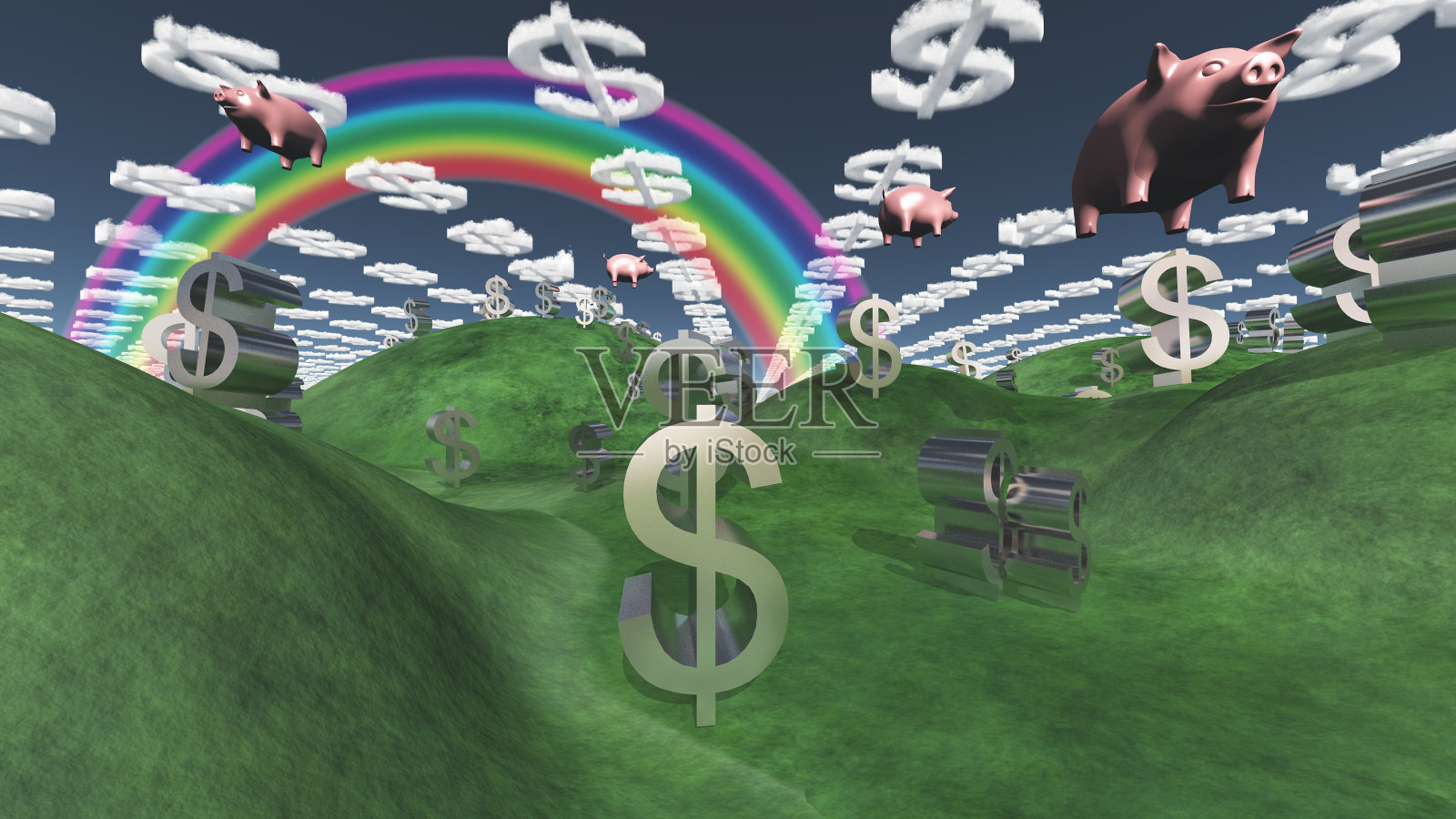 金钱成功幻想景观与漂浮的猪插画图片素材