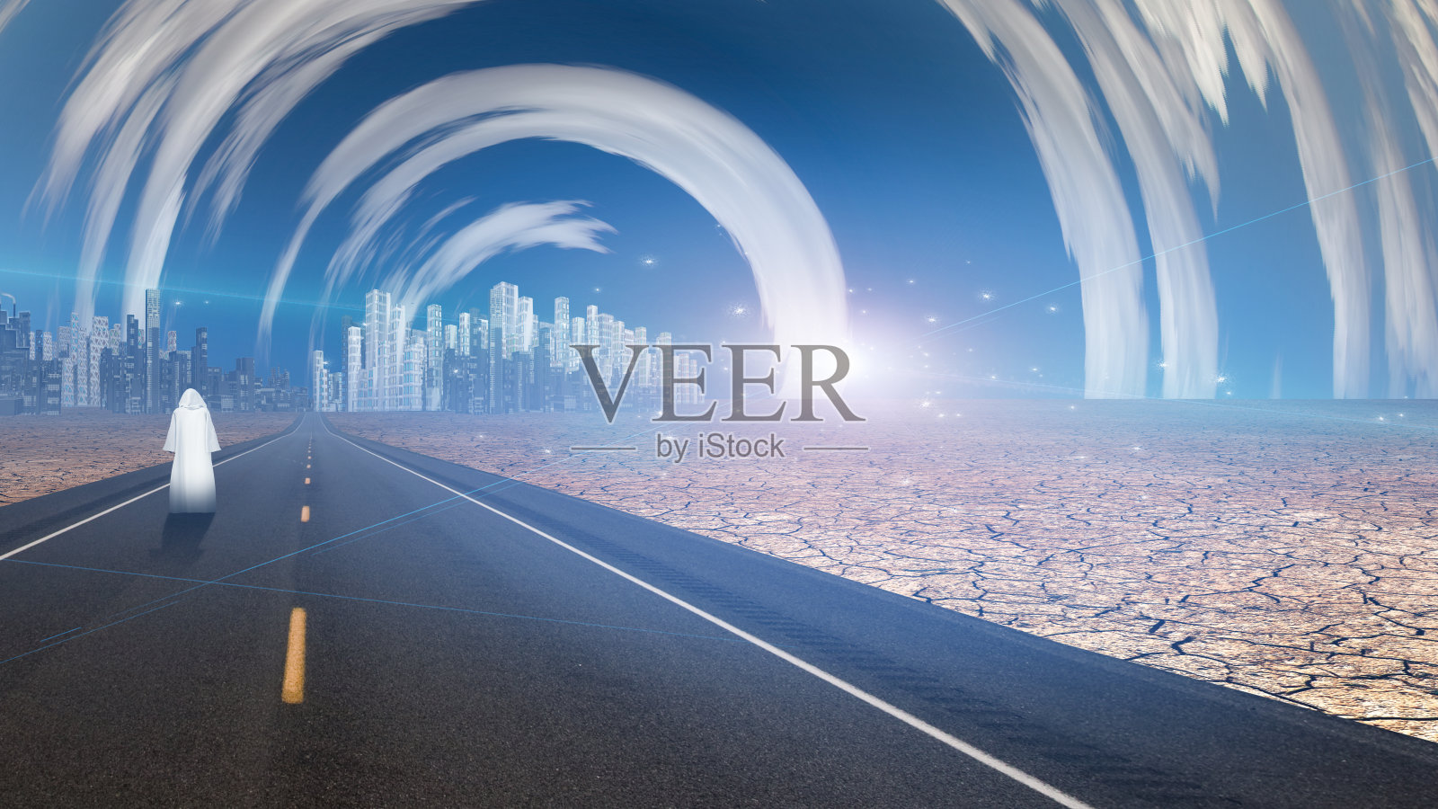 白袍人影走近城市照片摄影图片