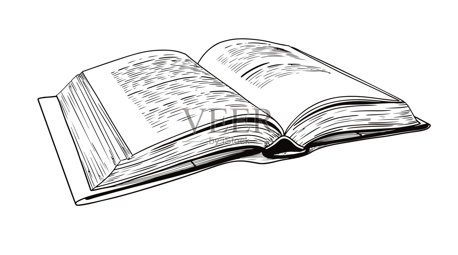 一本打开的书的逼真素描。这本书被孤立在白色的背景上。矢量图插画图片素材