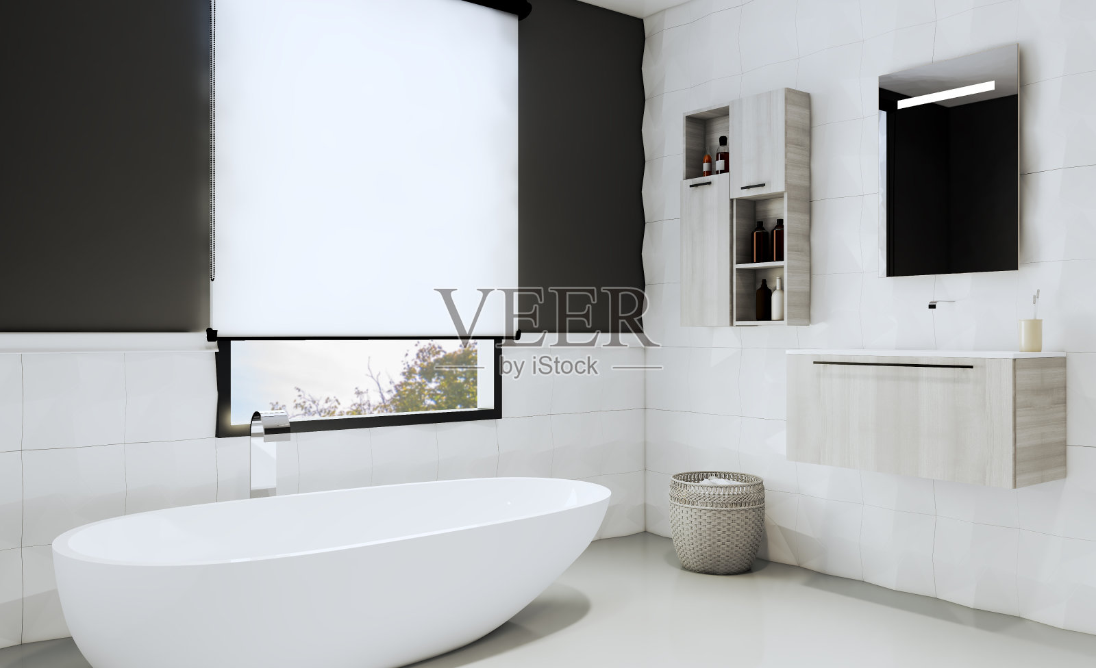 浴室的景色与一个大窗户覆盖着一个窗帘。3 d渲染。模型照片摄影图片