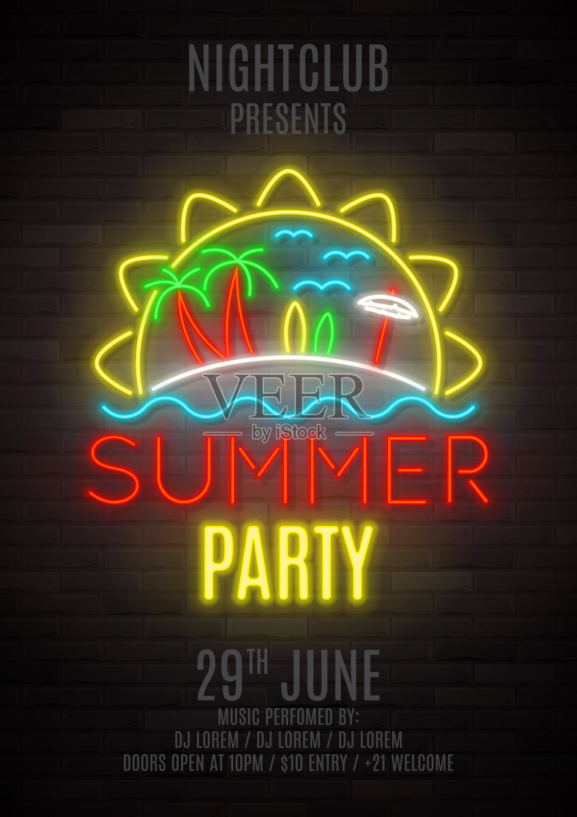 夏日派对闪亮的霓虹灯海报插画图片素材