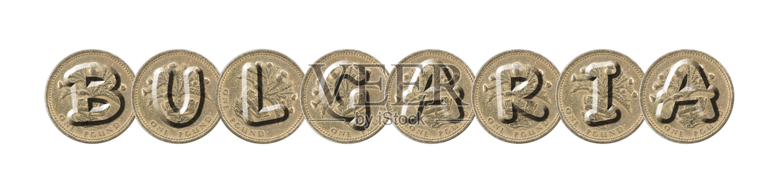 保加利亚字与英国硬币在白色背景照片摄影图片