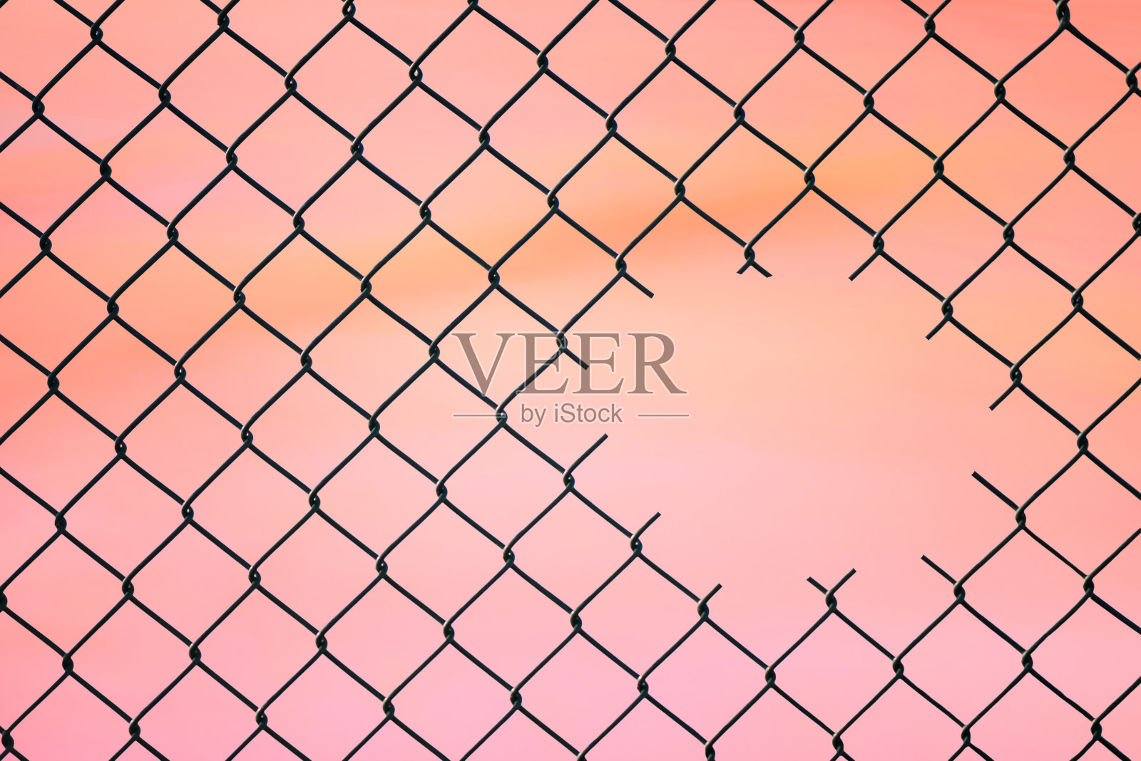 天空背景上的铁丝网栅栏中心的洞。希望和自由的概念照片摄影图片