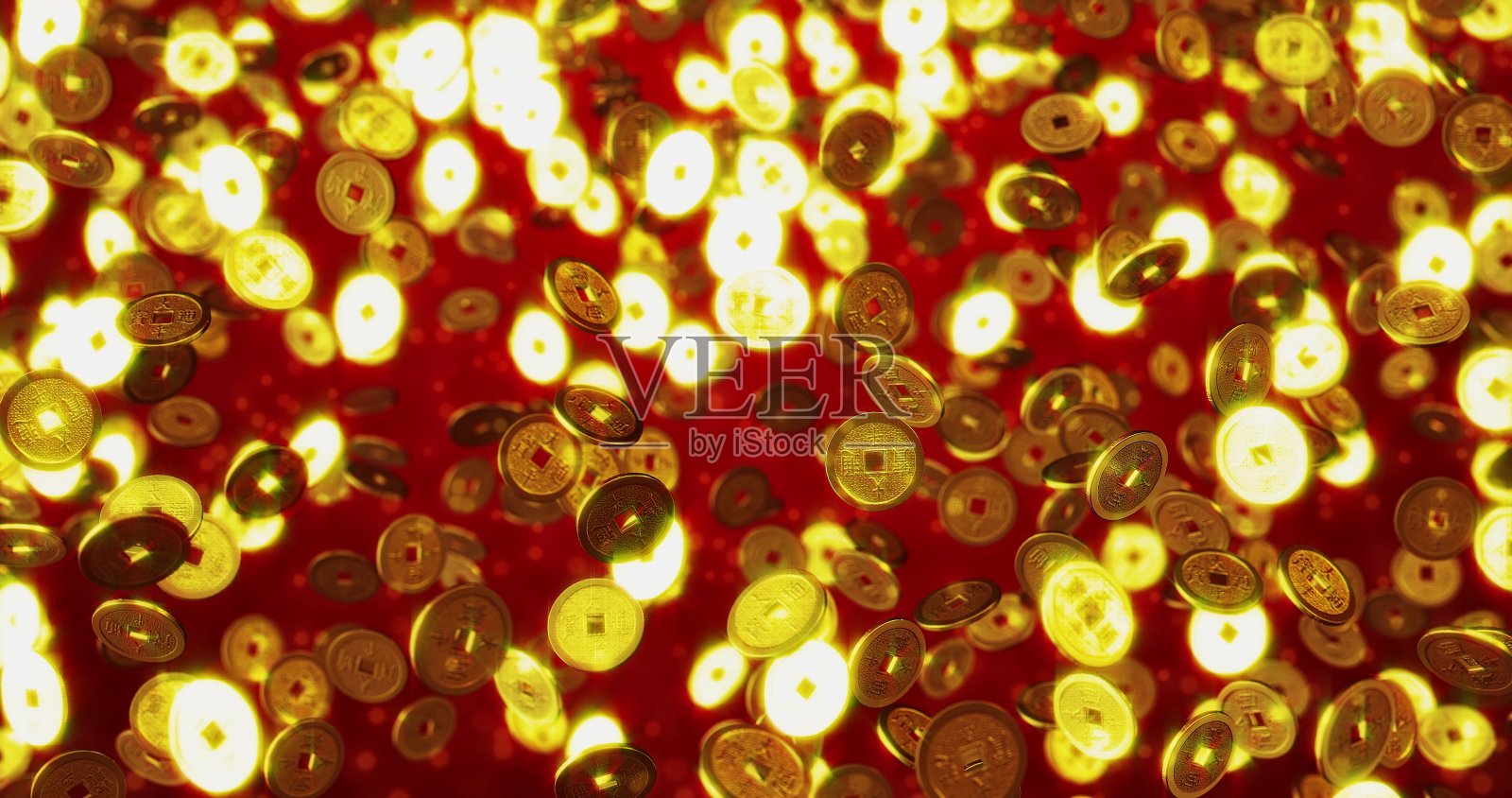 中国金币金色。三维渲染照片摄影图片