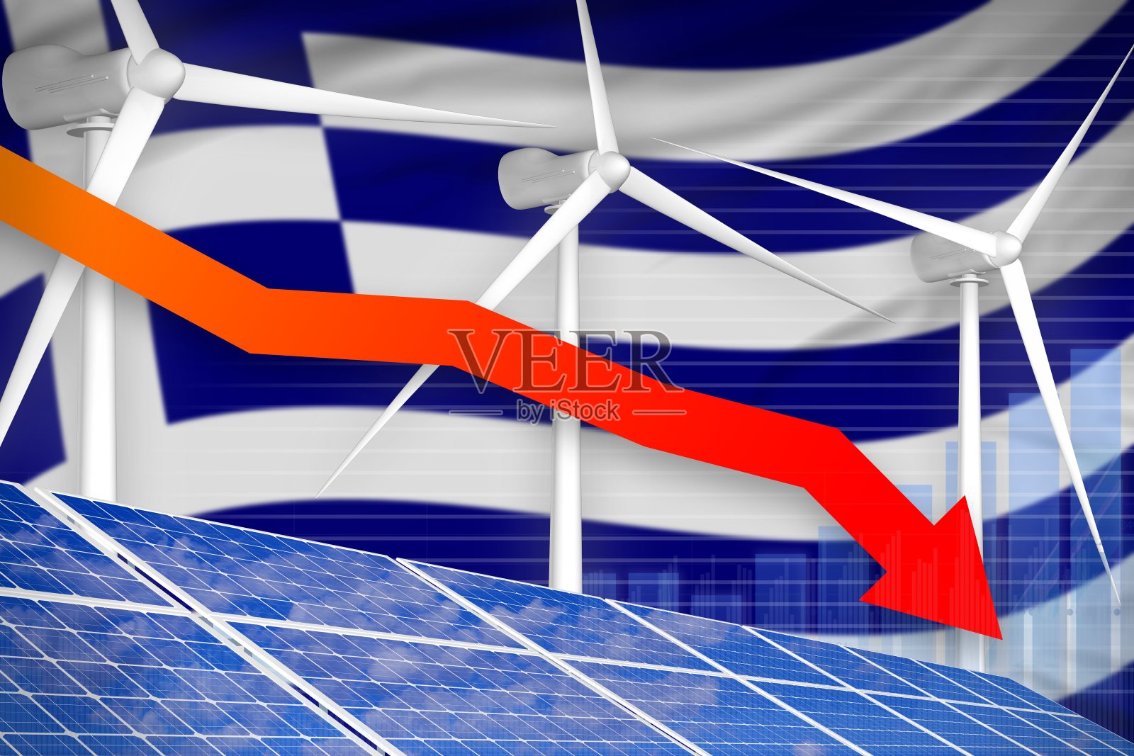 希腊太阳能和风能下降图，箭头向下-环境自然能源工业插图。三维演示照片摄影图片