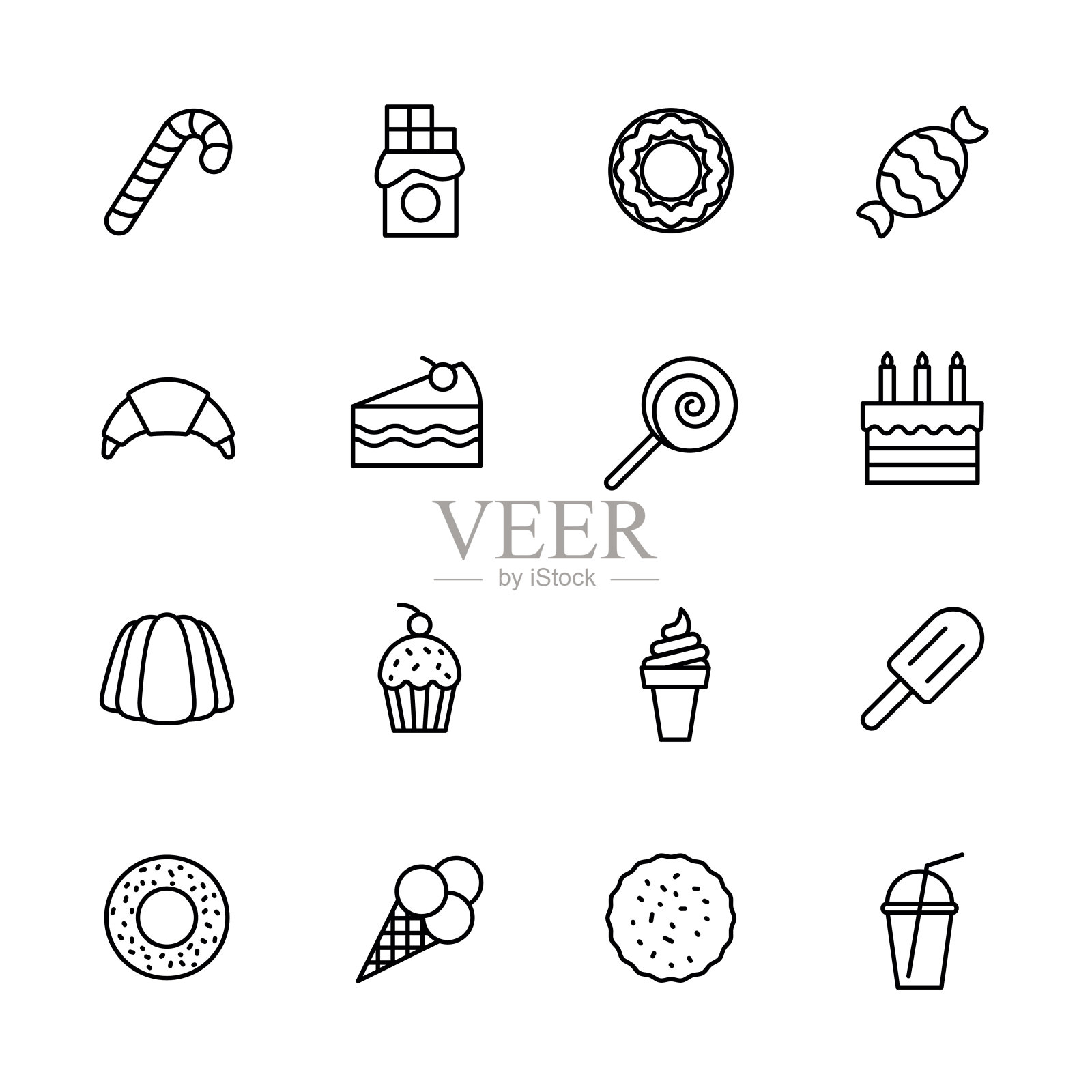 简单的图标设置糖果，糕点和糖果。含有这些符号的棒棒糖、巧克力棒、糖果、甜甜圈、羊角面包、生日蛋糕、蛋糕片、冰淇淋、牛奶鸡尾酒图标素材