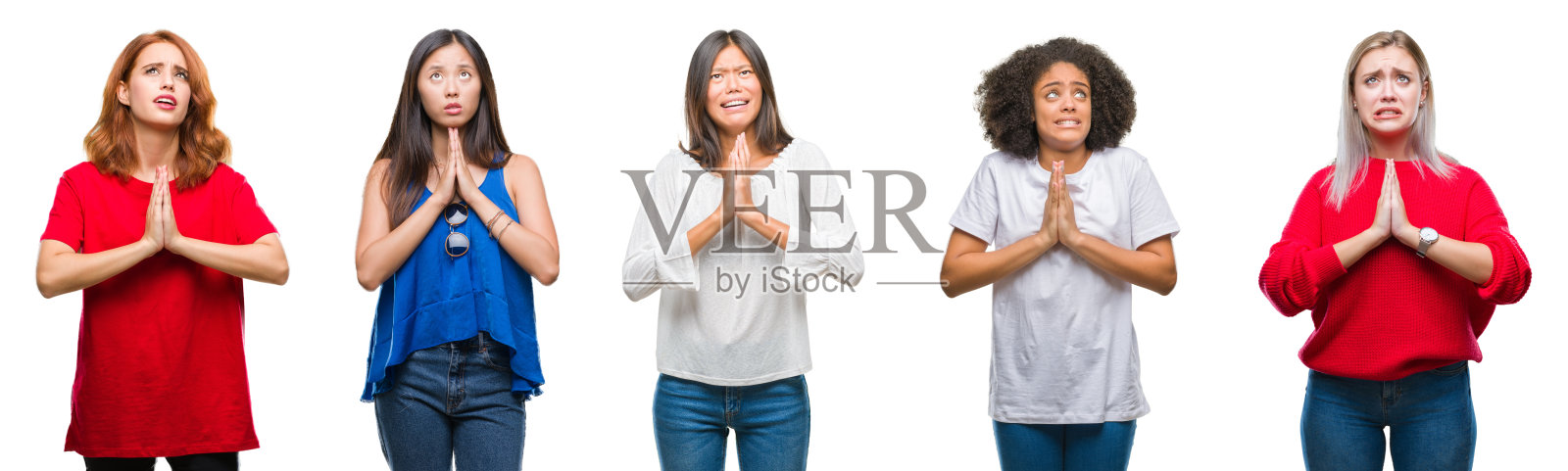 一组美丽的中国，亚洲，非洲裔美国人，白人妇女在孤立的背景乞求和祈祷与希望的表情在脸上非常情绪化和担心。请求宽恕。宗教的概念。照片摄影图片