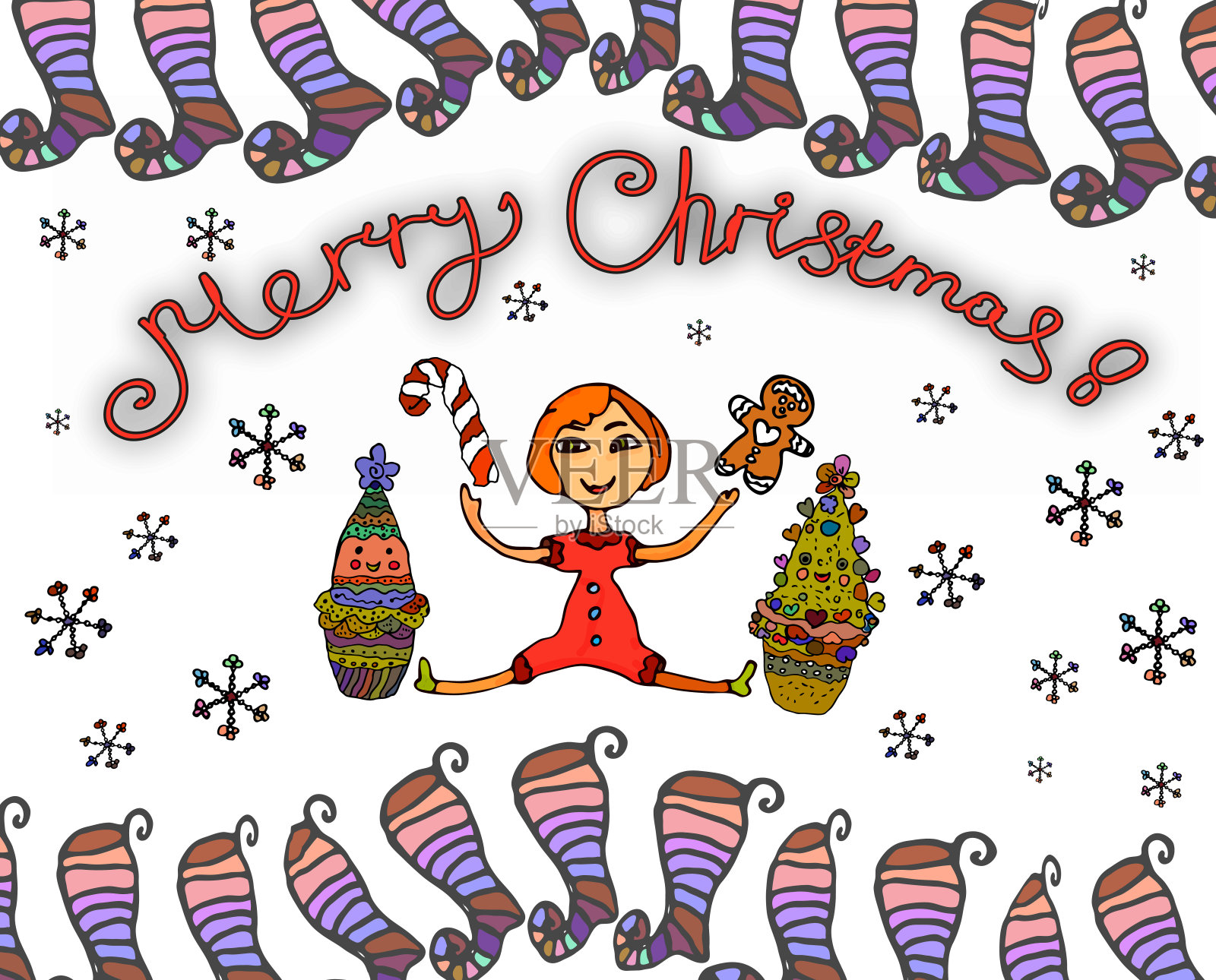 圣诞贺卡上有一个机灵的小女孩，卡通圣诞树，还有装饰过的圣诞玩具。设计模板素材