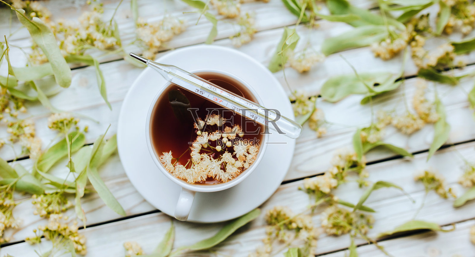 一个水银玻璃温度计放在一个有菩提树的白色杯子上。热,温度,冷。照片摄影图片
