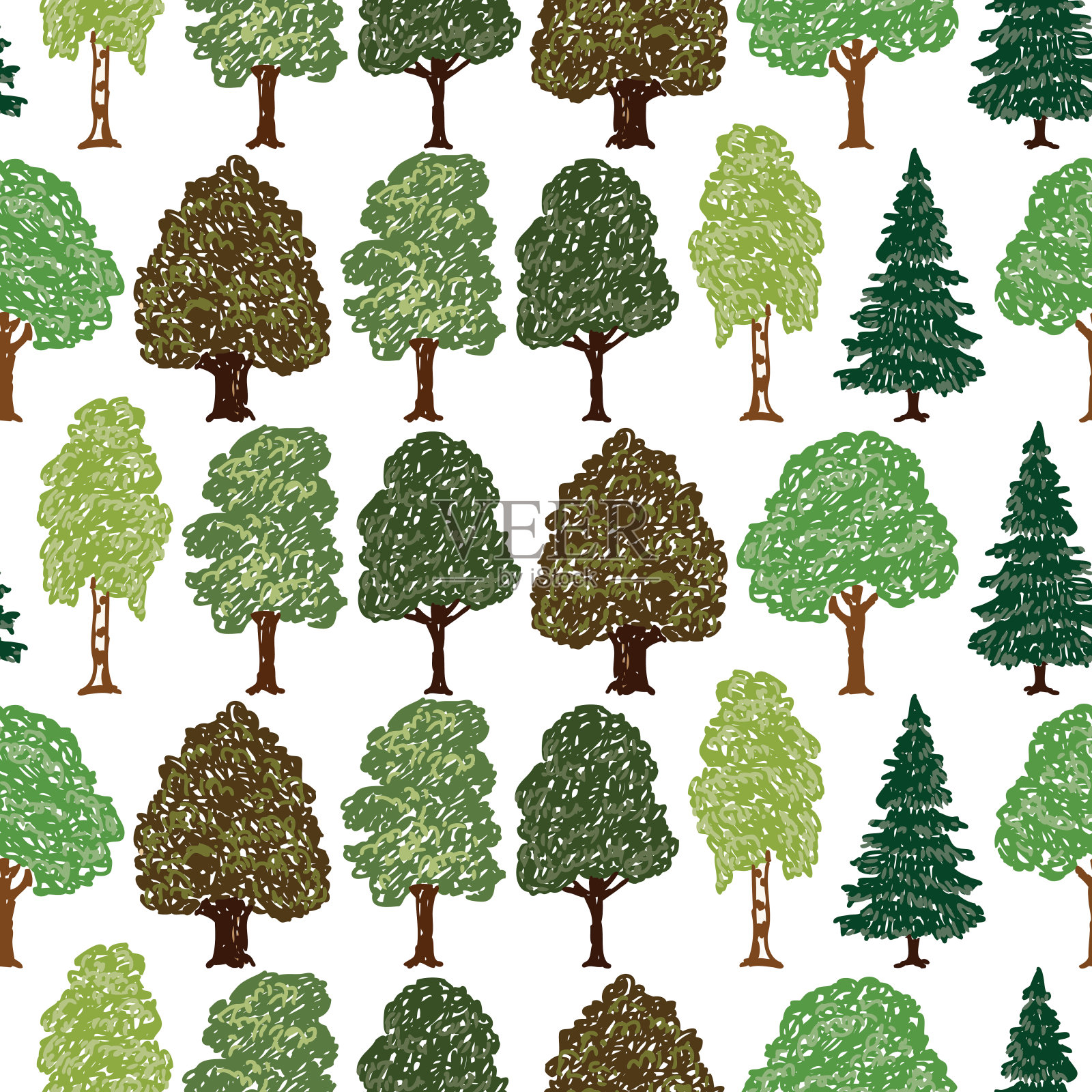 无缝背景不同绘制的树插画图片素材