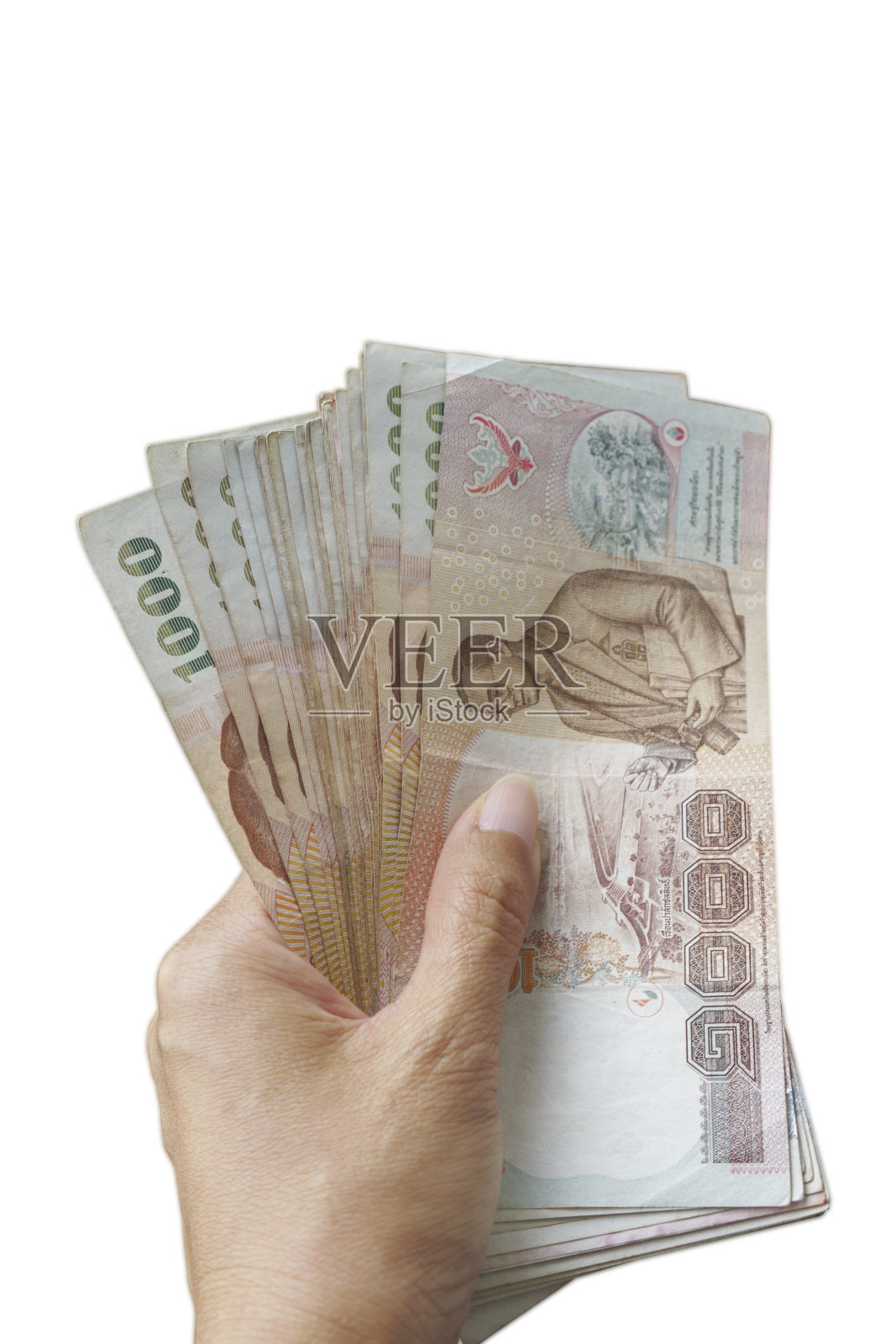 泰国1000钱在女人的手里，孤立与剪小路上的白色背景照片摄影图片