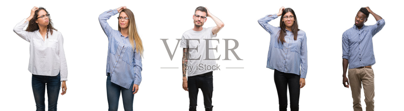 一群和一群年轻的商人在孤立的白人背景下困惑和疑惑的问题。不确定用怀疑，用手思考。沉思的概念。照片摄影图片