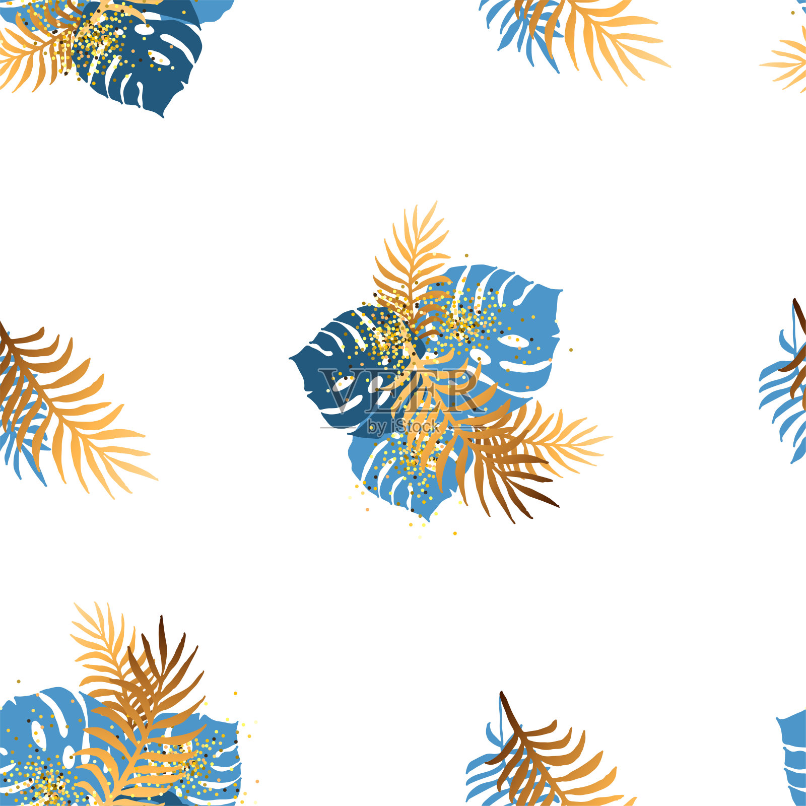 热带蓝色和金色叶子的无缝图案。插画图片素材