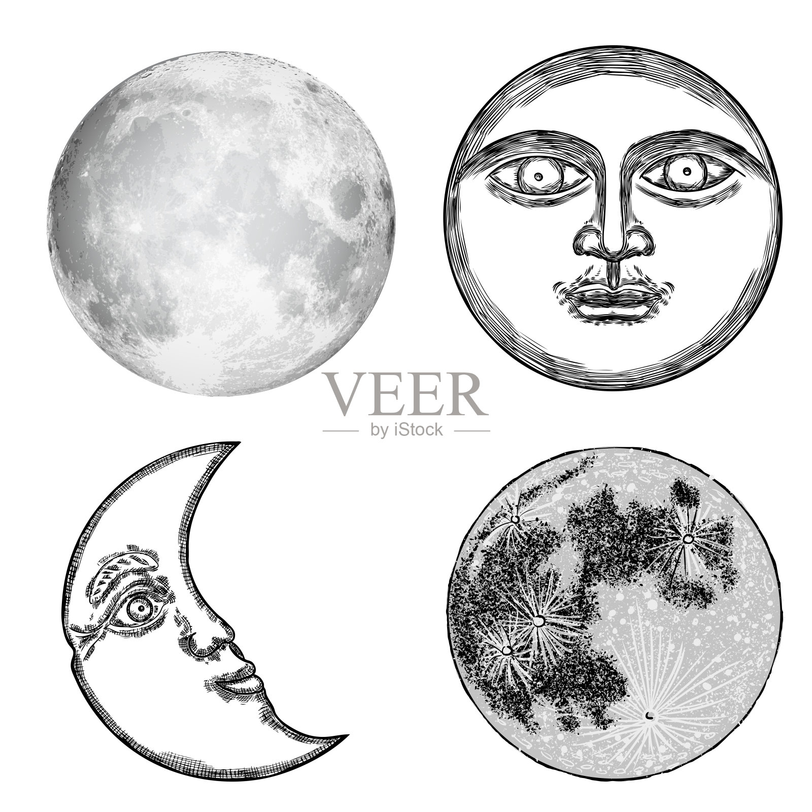 一套手绘的月亮草图，人形的脸或拟人化的星球和新月的现实点，孤立在白色上。详细的复古风格点画。向量。插画图片素材
