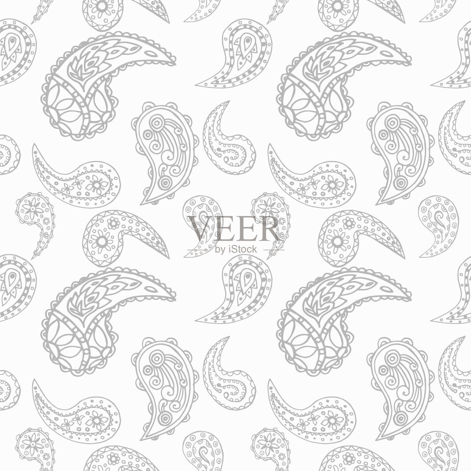 佩斯利无缝图案，手绘印度黄瓜，素描插画图片素材