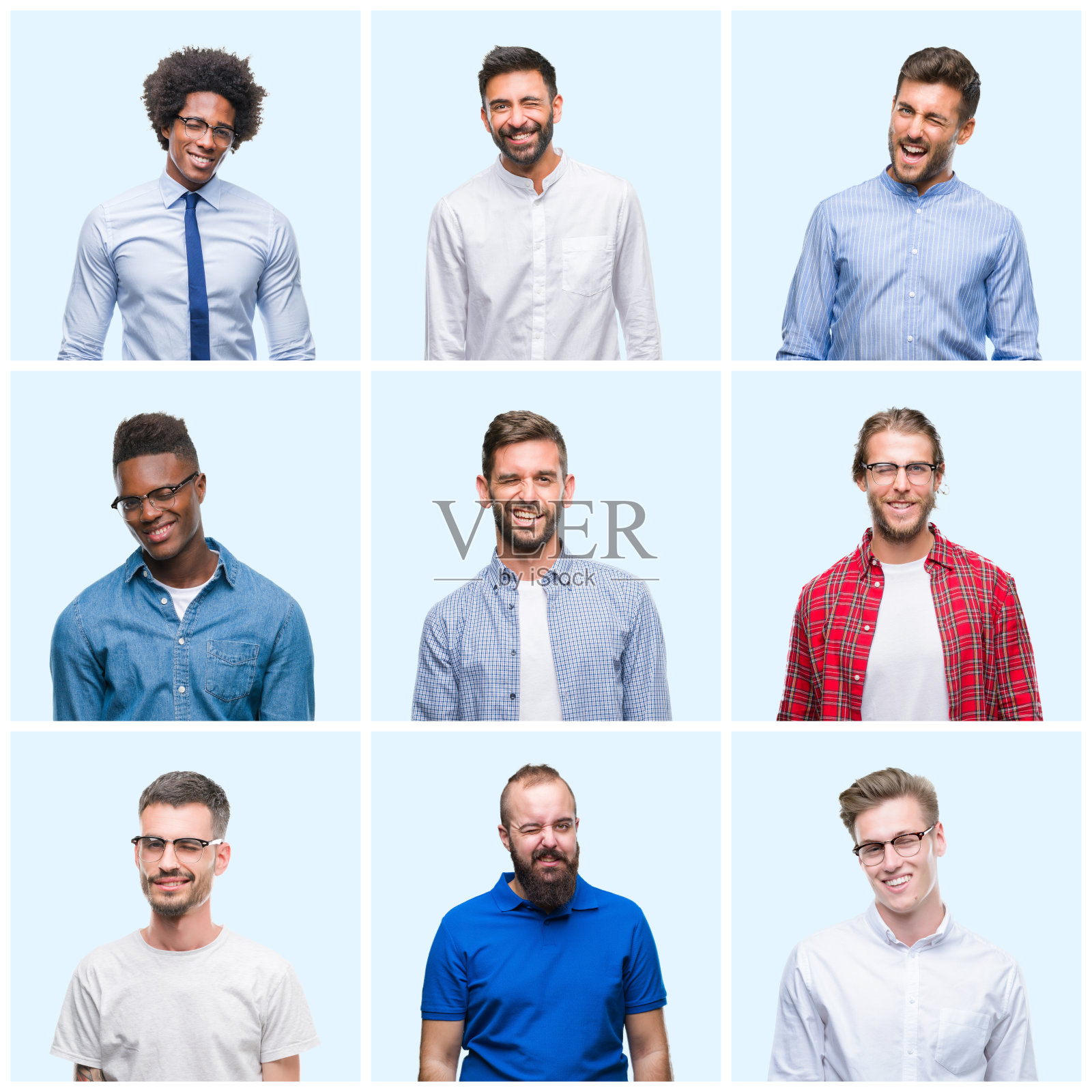 拼贴的一群商业和休闲的男人在孤立的背景下眨着眼睛看着镜头，性感的表情，快乐的脸。照片摄影图片