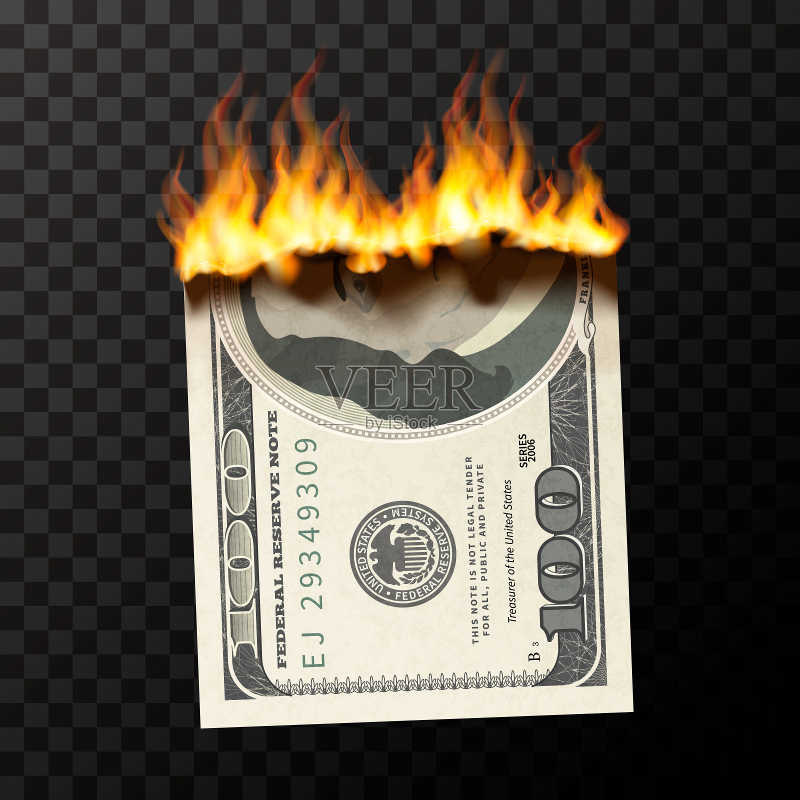 逼真燃烧的100美元钞票假人与火焰设计元素图片