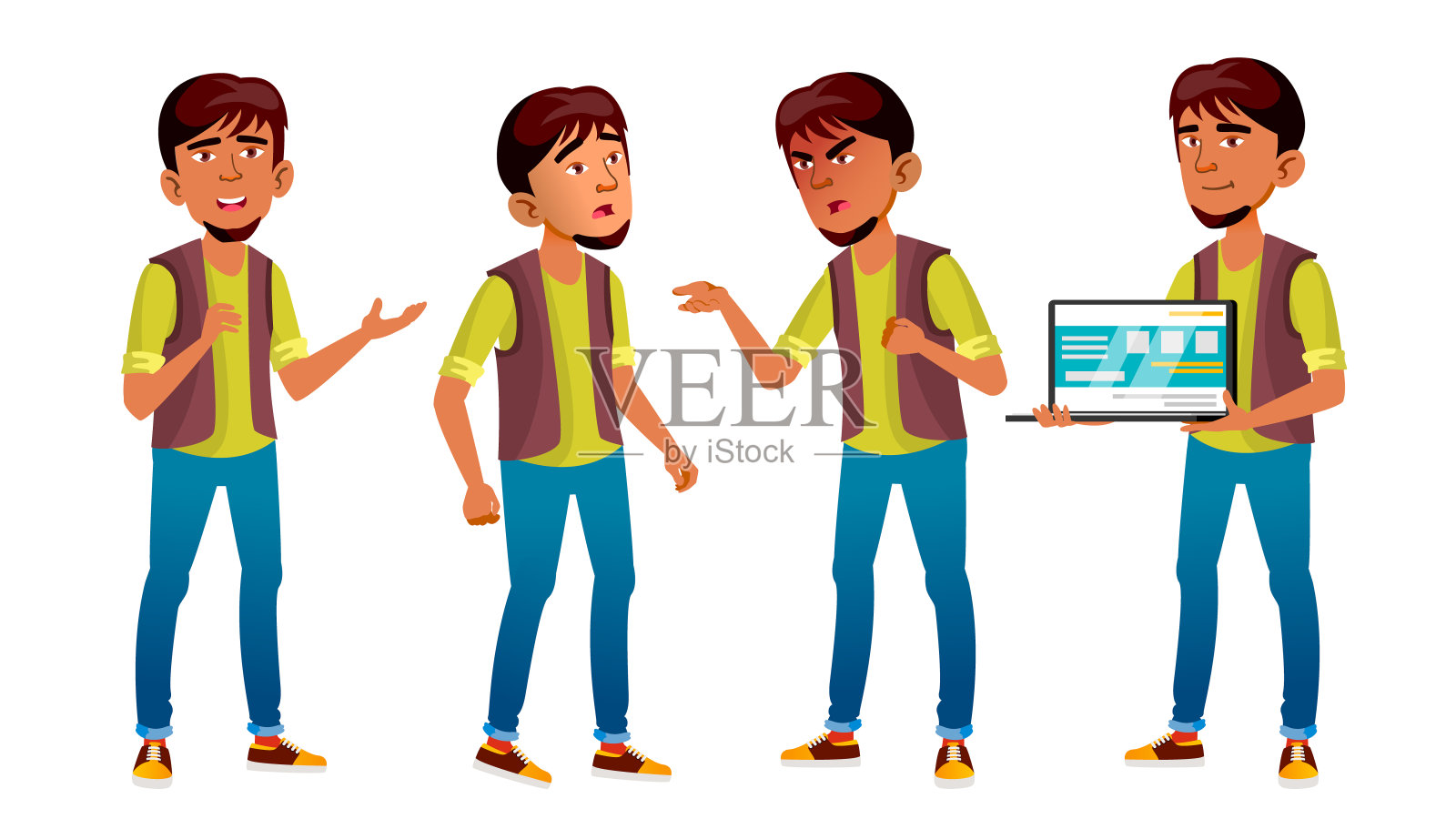 阿拉伯，穆斯林男孩姿态设置向量。高中的孩子。程序员,技术。活跃,欢乐、休闲。适用于广告、问候语、公告设计。孤立的卡通插图插画图片素材