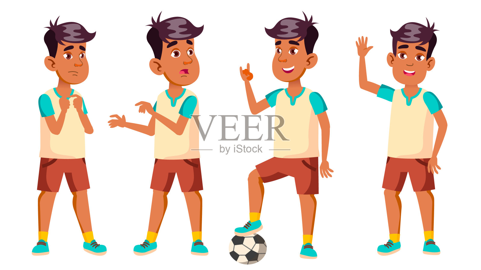 阿拉伯，穆斯林男孩学校男孩孩子姿态设置向量。高中的孩子。教学，教育，运动员，足球运动员。用于演示、印刷、邀请设计。孤立的卡通插图插画图片素材