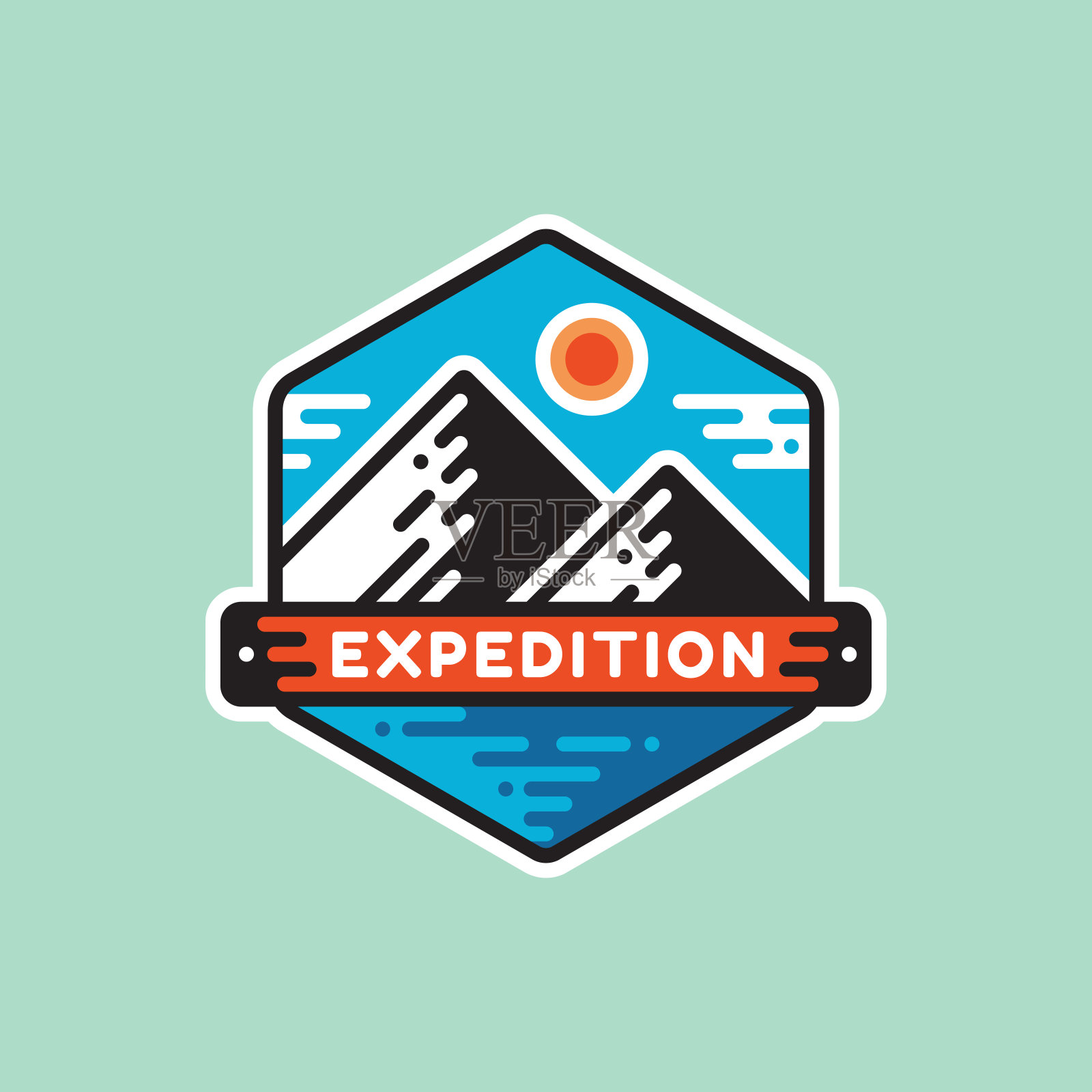 冒险山-概念徽章矢量插图。探险探险家创造性的标志在平坦的风格。探索户外标志。极端的勘探会徽。夏季露营。平面设计元素。插画图片素材