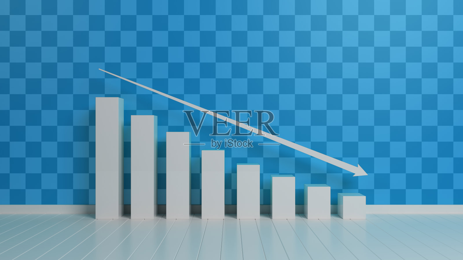 在格子蓝背景上的下降柱状图照片摄影图片