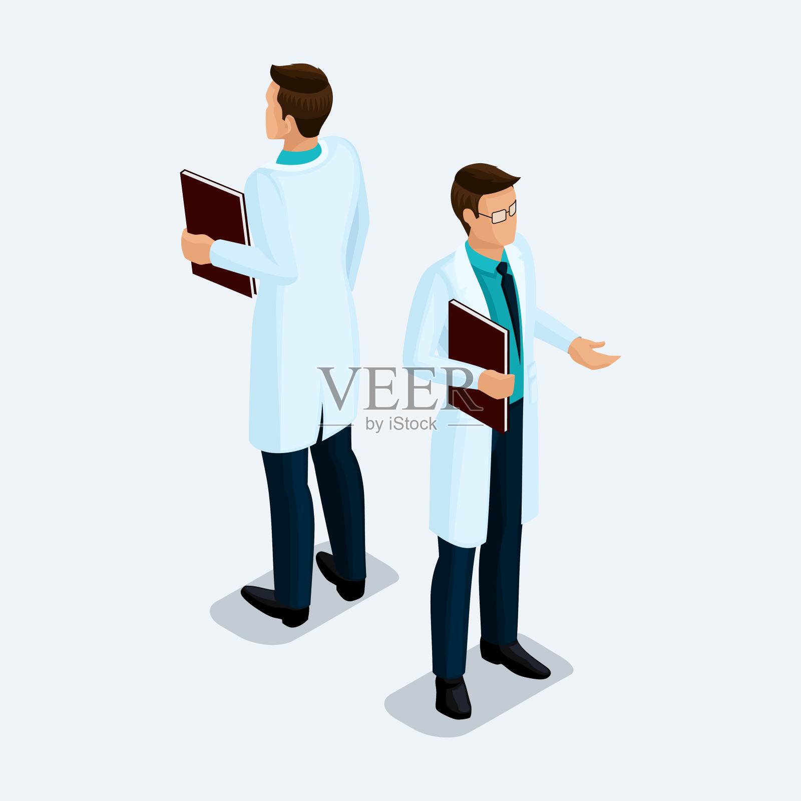 2.5D潮流人物：医疗实践、医院、手持笔记本的外科医生、站立姿势人物正背面视图，浅色背景设计元素图片