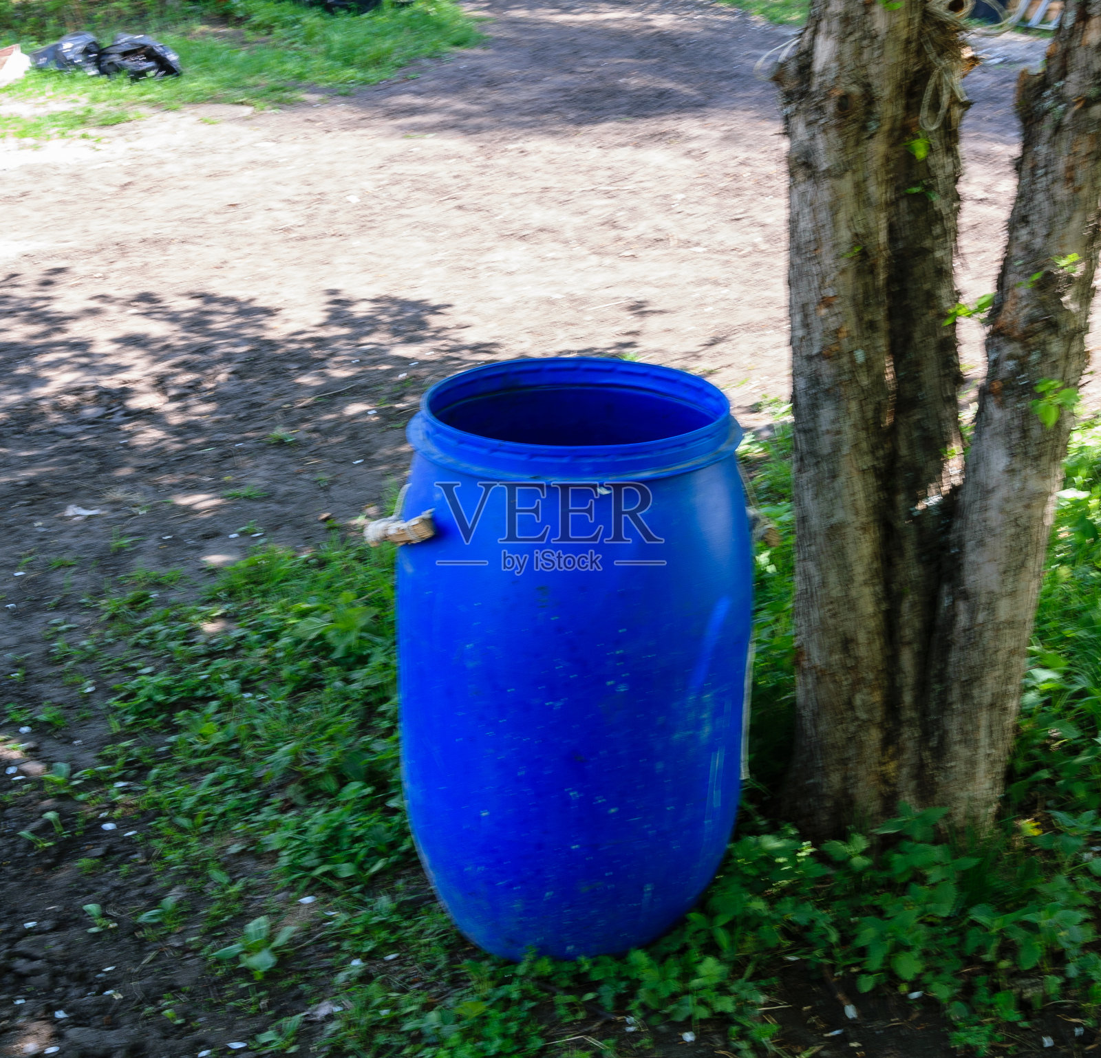 春天的果园里，蓝色塑料桶里装着水照片摄影图片