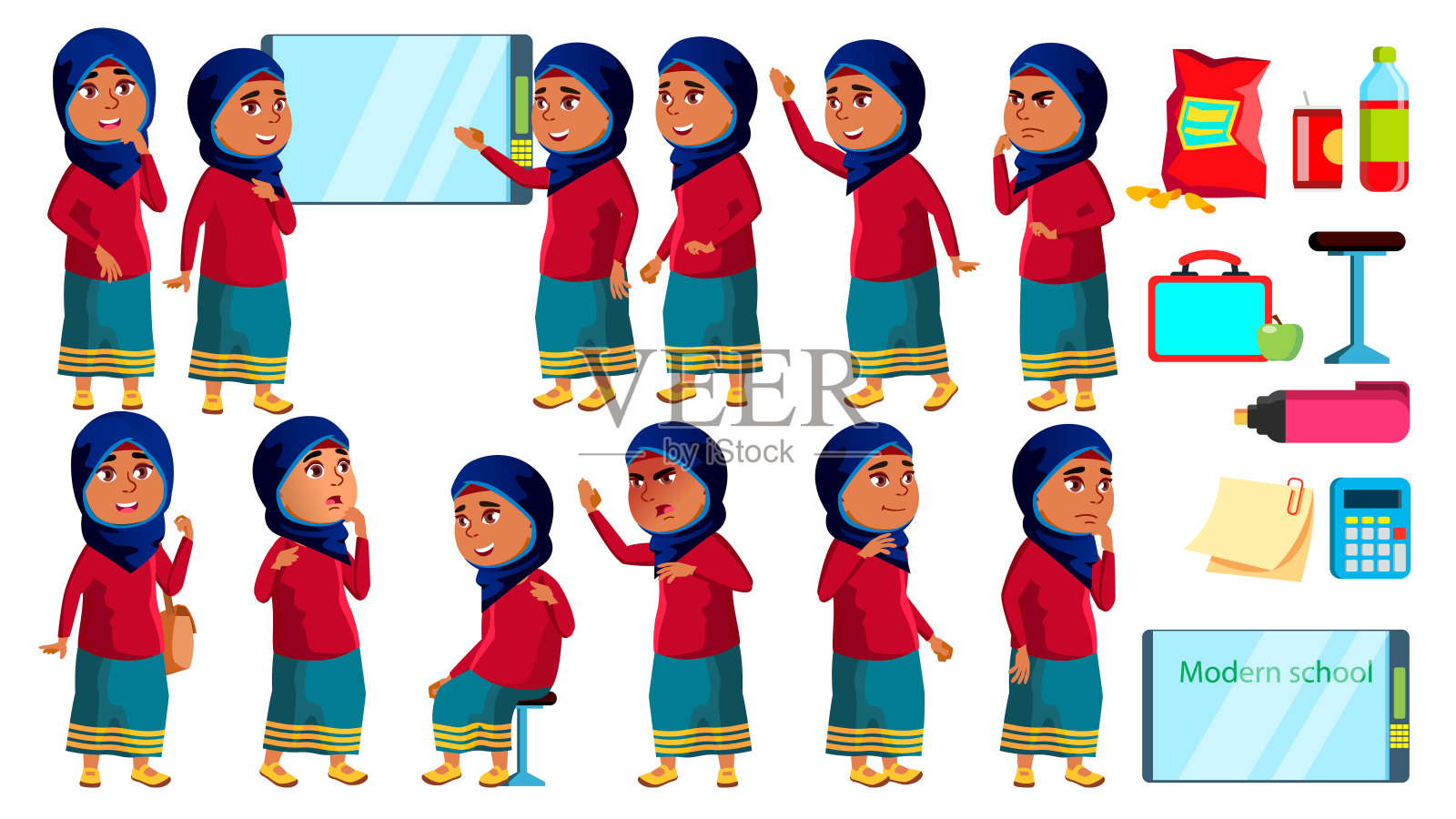 阿拉伯，穆斯林女孩孩子的姿态设置向量。高中的孩子。学童。有趣，友谊，幸福享受。为横幅，传单，网页设计。孤立的卡通插图设计元素图片