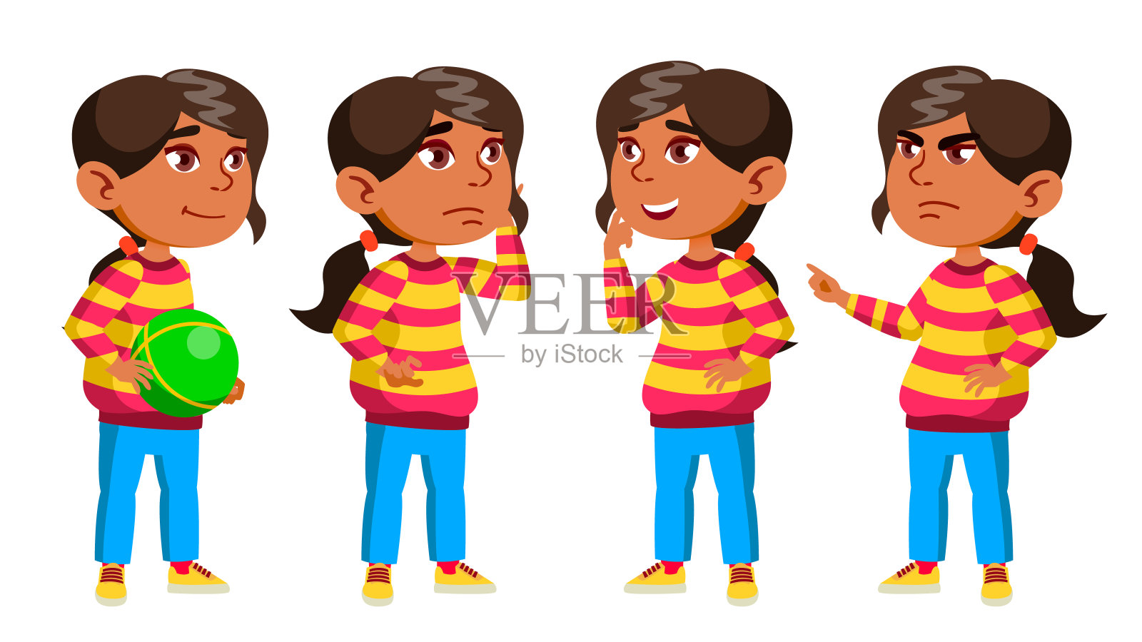 阿拉伯，穆斯林女孩幼儿园儿童姿态设置向量。学前教育。年轻的人。快乐的。为网页，宣传册，海报设计。孤立的卡通插图设计元素图片