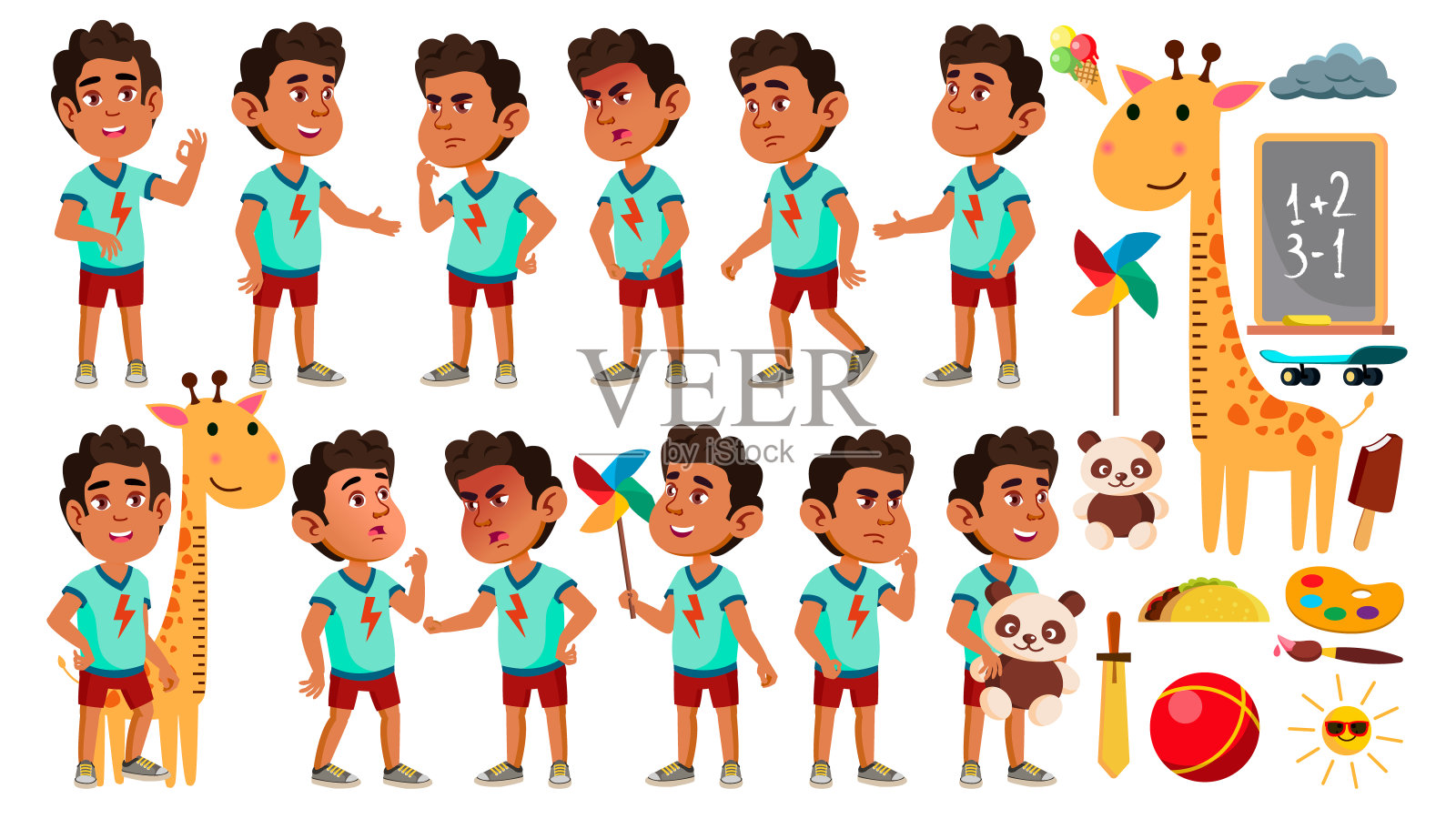 阿拉伯，穆斯林男孩幼儿园儿童姿态设置向量。白人孩子的表情。活动。为横幅，传单，网页设计。孤立的卡通插图设计模板素材