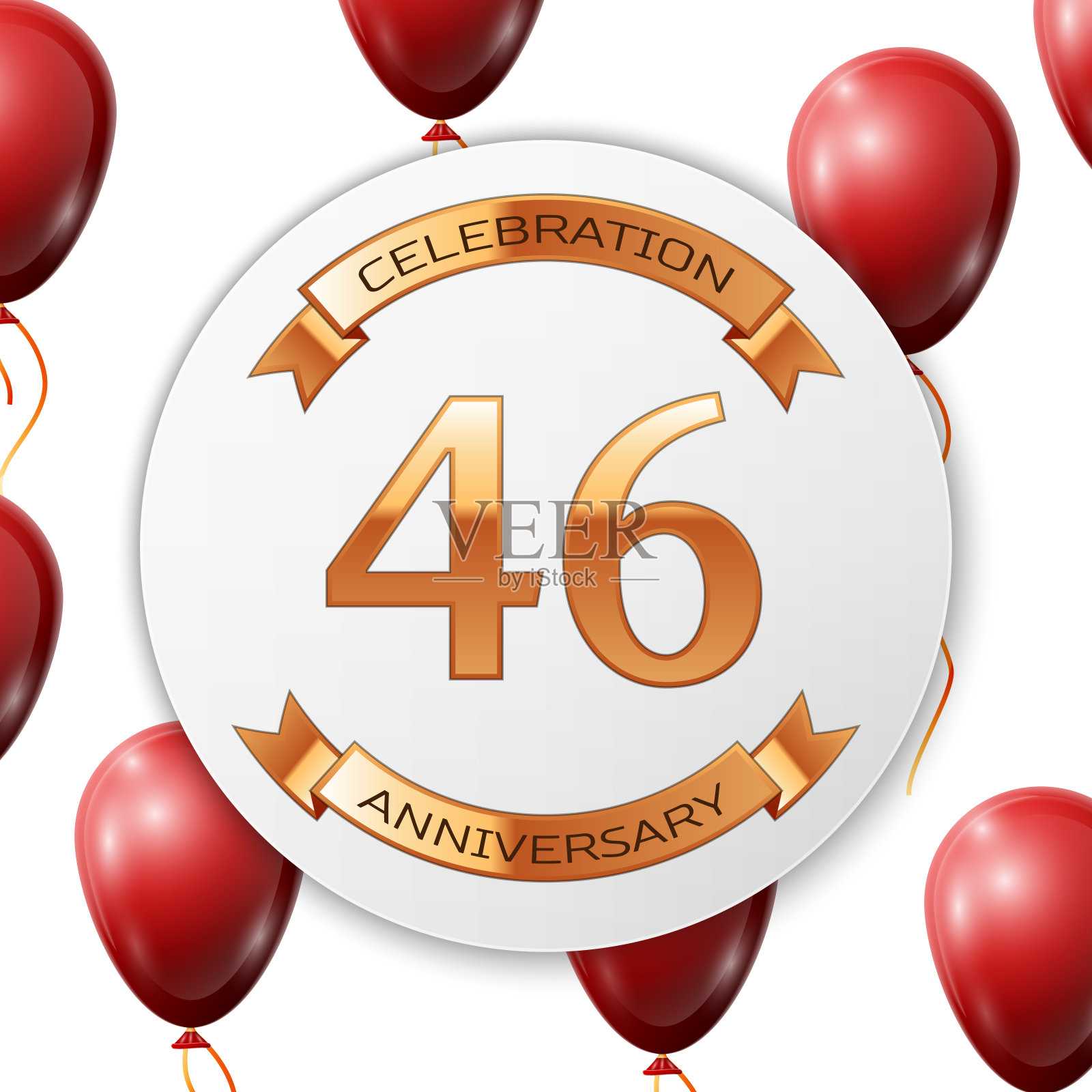 金色数字四十六周年庆典上白色圆圈纸横幅用金色丝带。现实的红色气球与丝带在白色的背景。矢量插图。插画图片素材