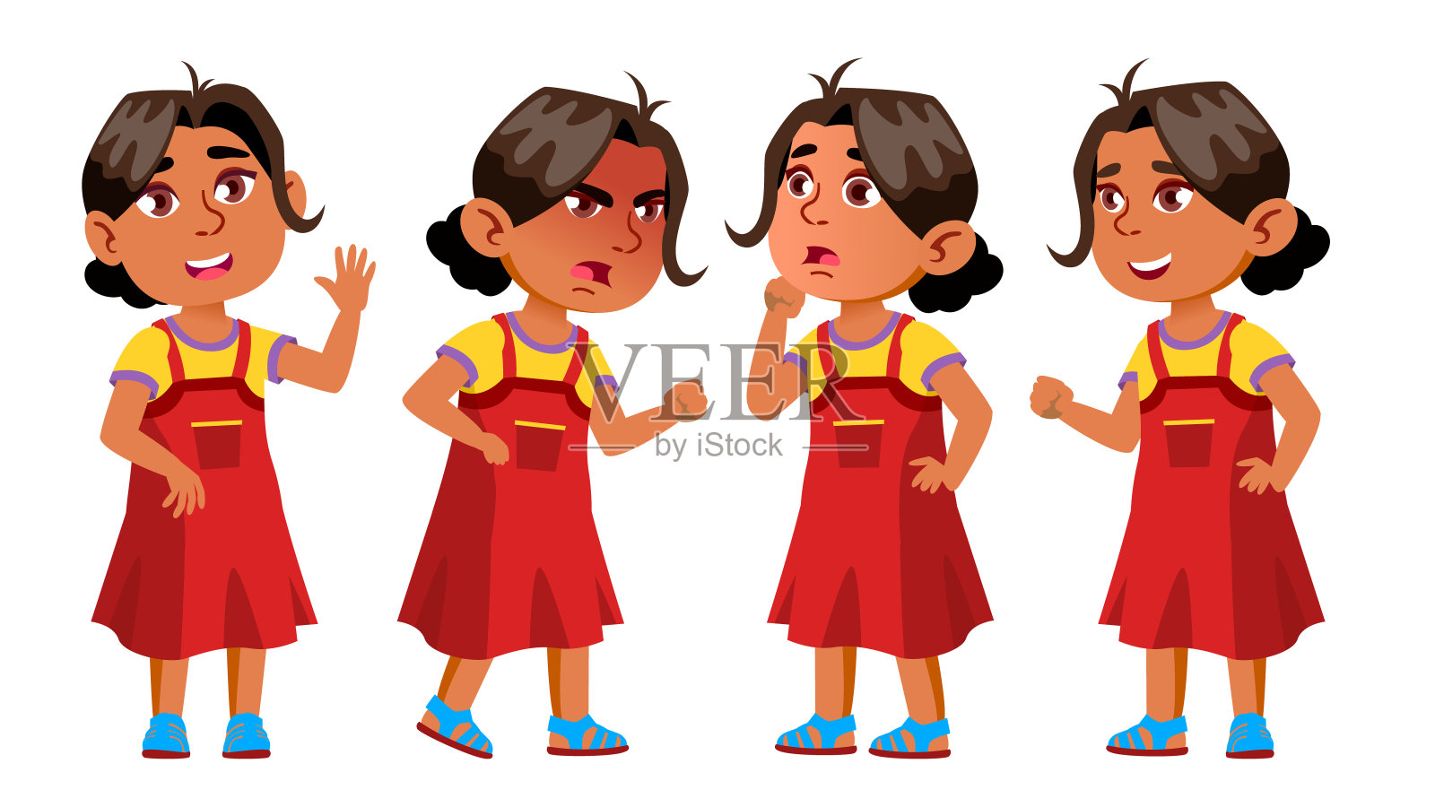 阿拉伯，穆斯林女孩幼儿园儿童姿态设置向量。小的孩子。幸福的享受。为网页，宣传册，海报设计。孤立的卡通插图设计元素图片