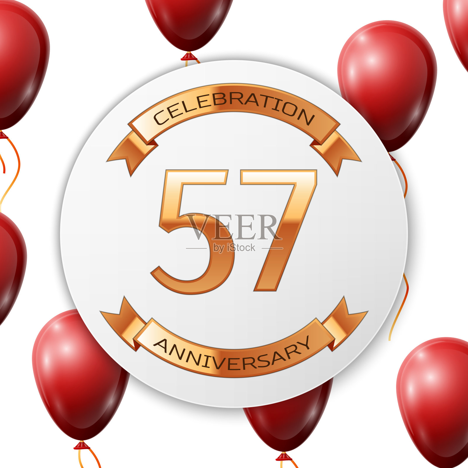 金色数字五十七周年庆典上白色圆圈纸横幅用金色丝带。现实的红色气球与丝带在白色的背景。矢量插图。插画图片素材