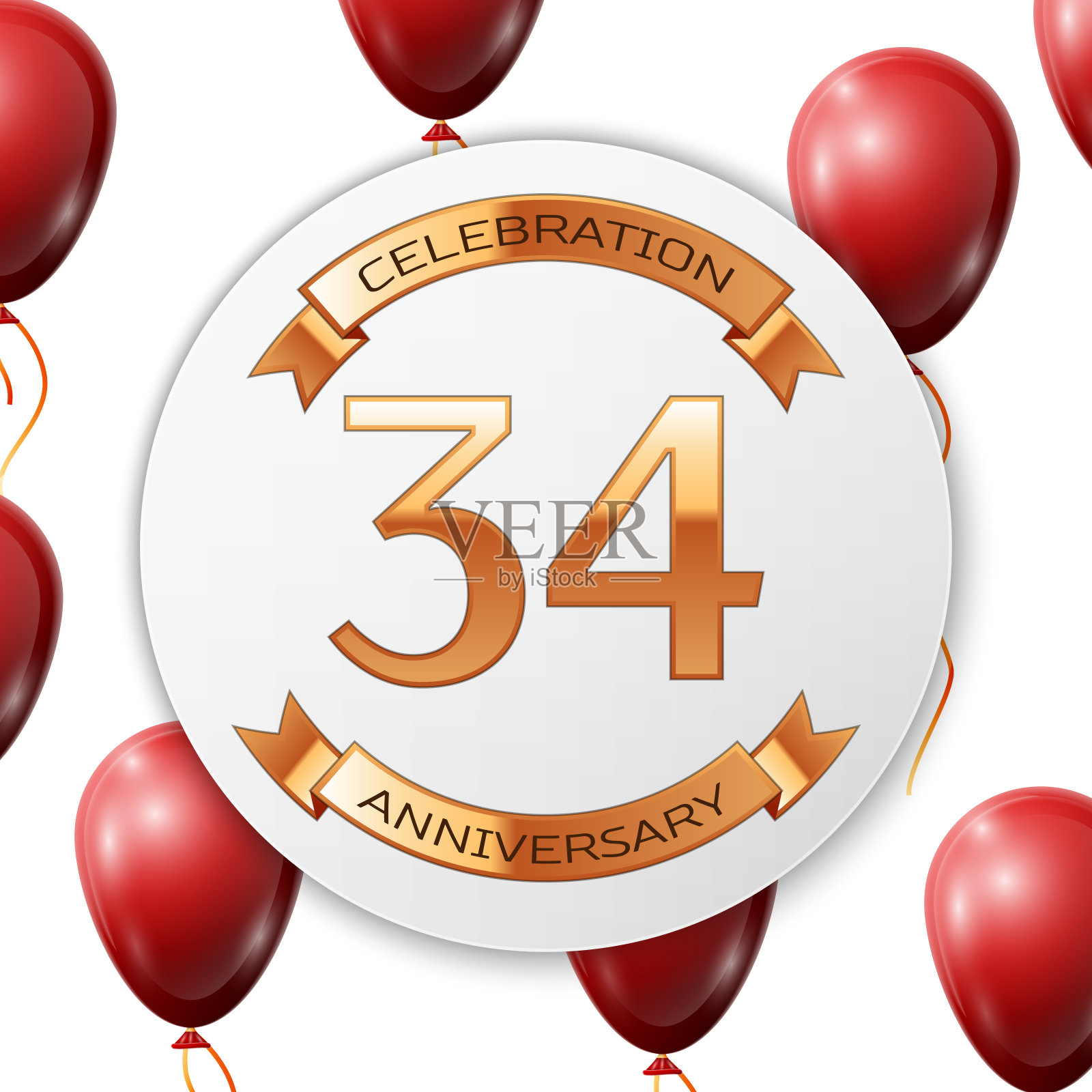 金色数字34周年庆典上白色圆圈纸横幅用金色丝带。现实的红色气球与丝带在白色的背景。矢量插图。插画图片素材