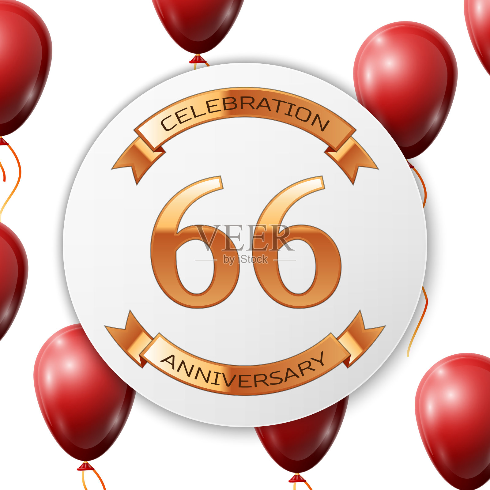 金色数字66周年庆典上白色圆圈纸横幅用金色丝带。现实的红色气球与丝带在白色的背景。矢量插图。插画图片素材