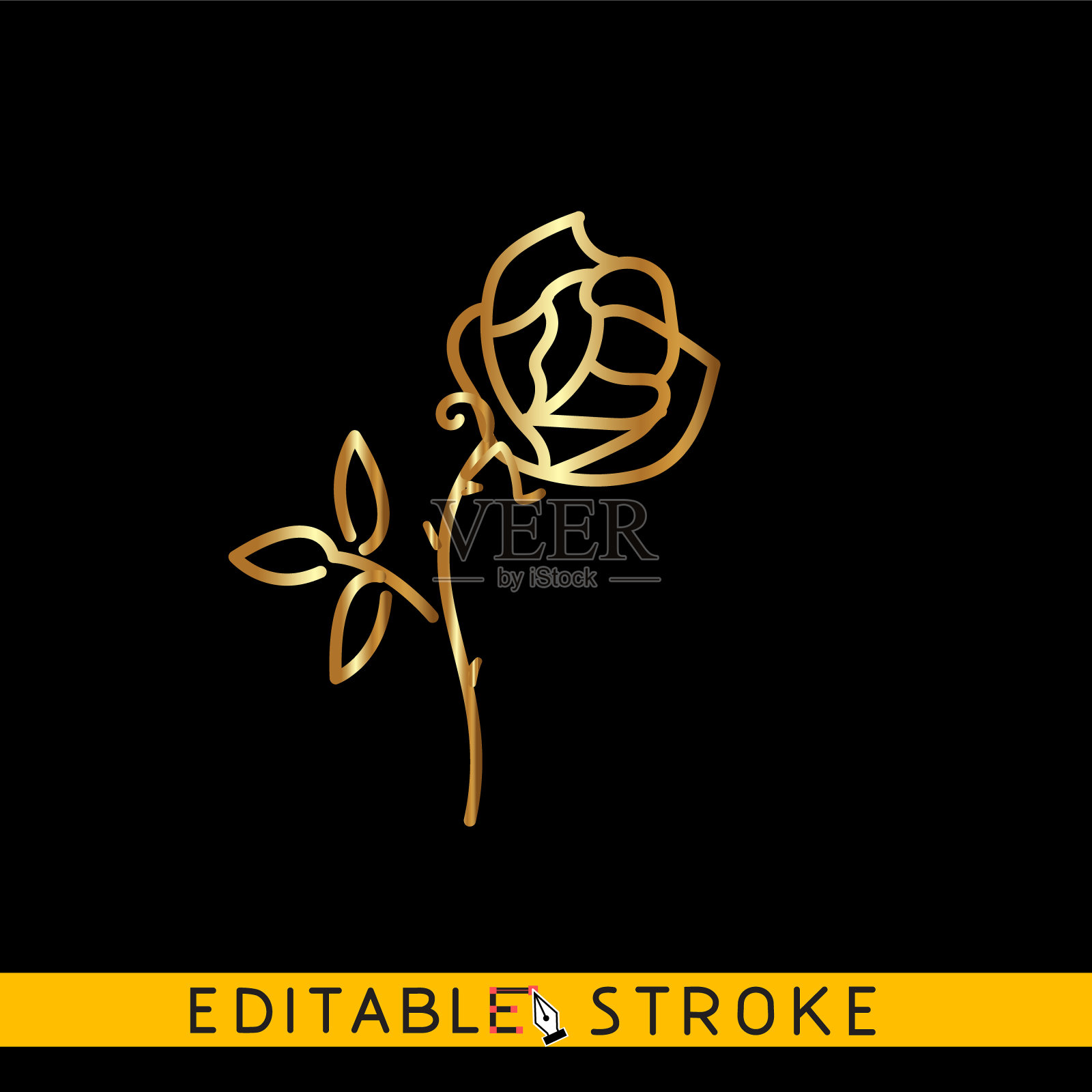 金玫瑰图标。黑色背景上的金色图标。轻松改变矢量与可编辑的笔触。插画图片素材