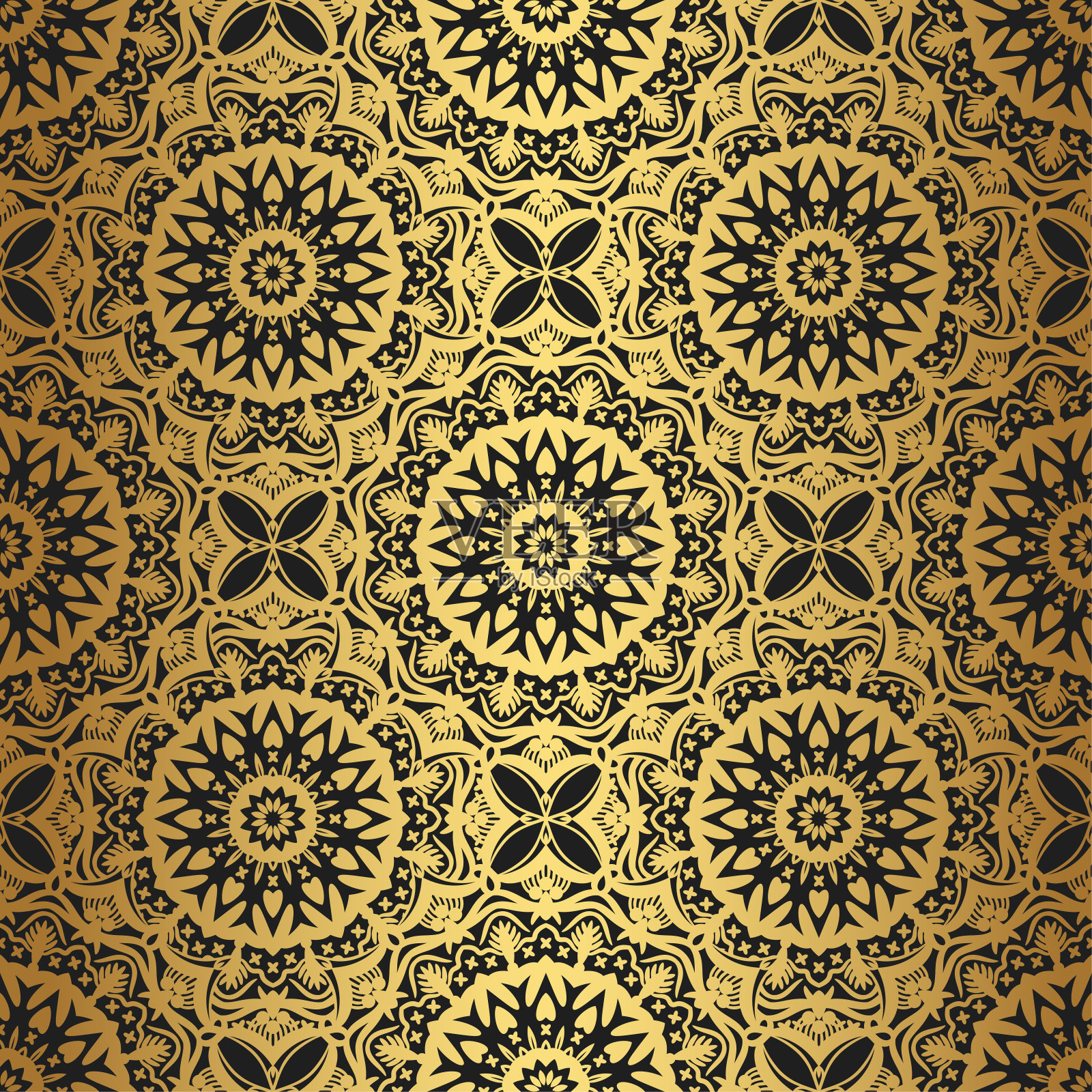 曼荼罗金花瓶陶瓷装饰图案。亚洲/伊斯兰/穆斯林/阿拉伯/印度无缝矢量东方背景。金色装饰地毯元素墙纸。时尚时尚的曼陀罗图案插画图片素材