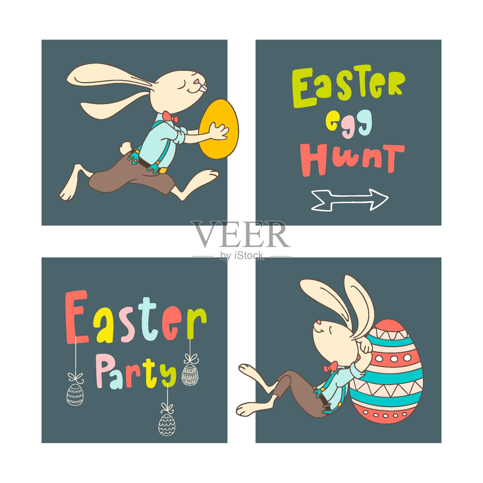 一套手写的字母短语复活节蛋狩猎，复活节派对，和手绘兔子，鸡蛋插画图片素材