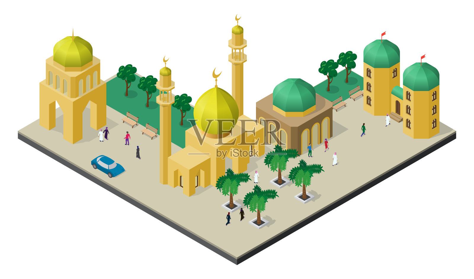 东方风格的等距城市景观。清真寺尖塔，城市建筑，树木，长凳，汽车和人。插画图片素材