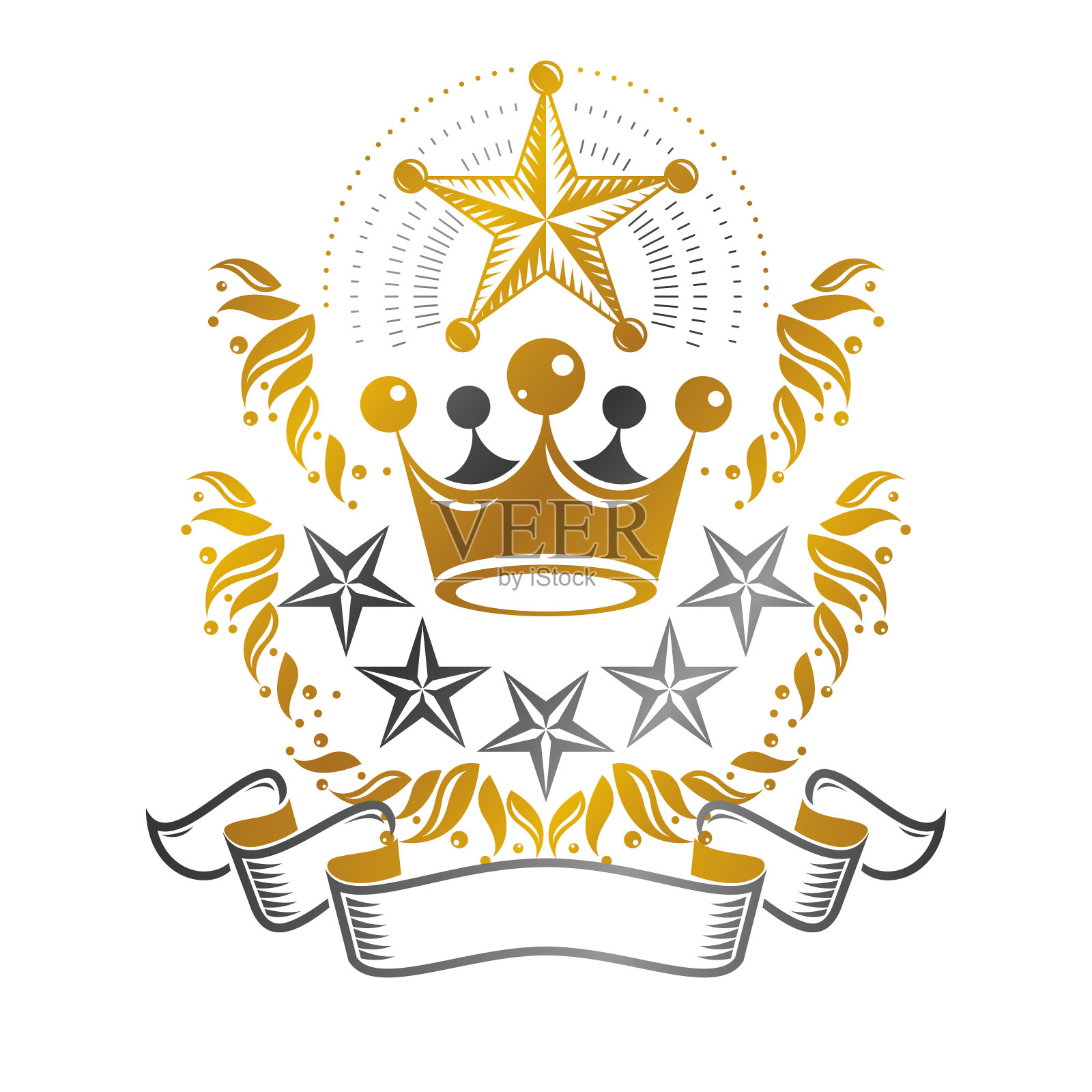 庄严的王冠徽章。纹章纹章纹章装饰标志孤立矢量插图。白色背景上的古董标志。插画图片素材