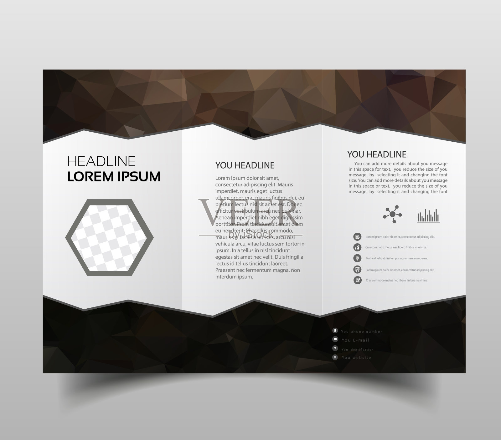 宣传册模板布局，封面设计年度报告，杂志，传单，小册子在A4与绿松石彩色三角形纹理和多边形背景。矢量插图。设计模板素材