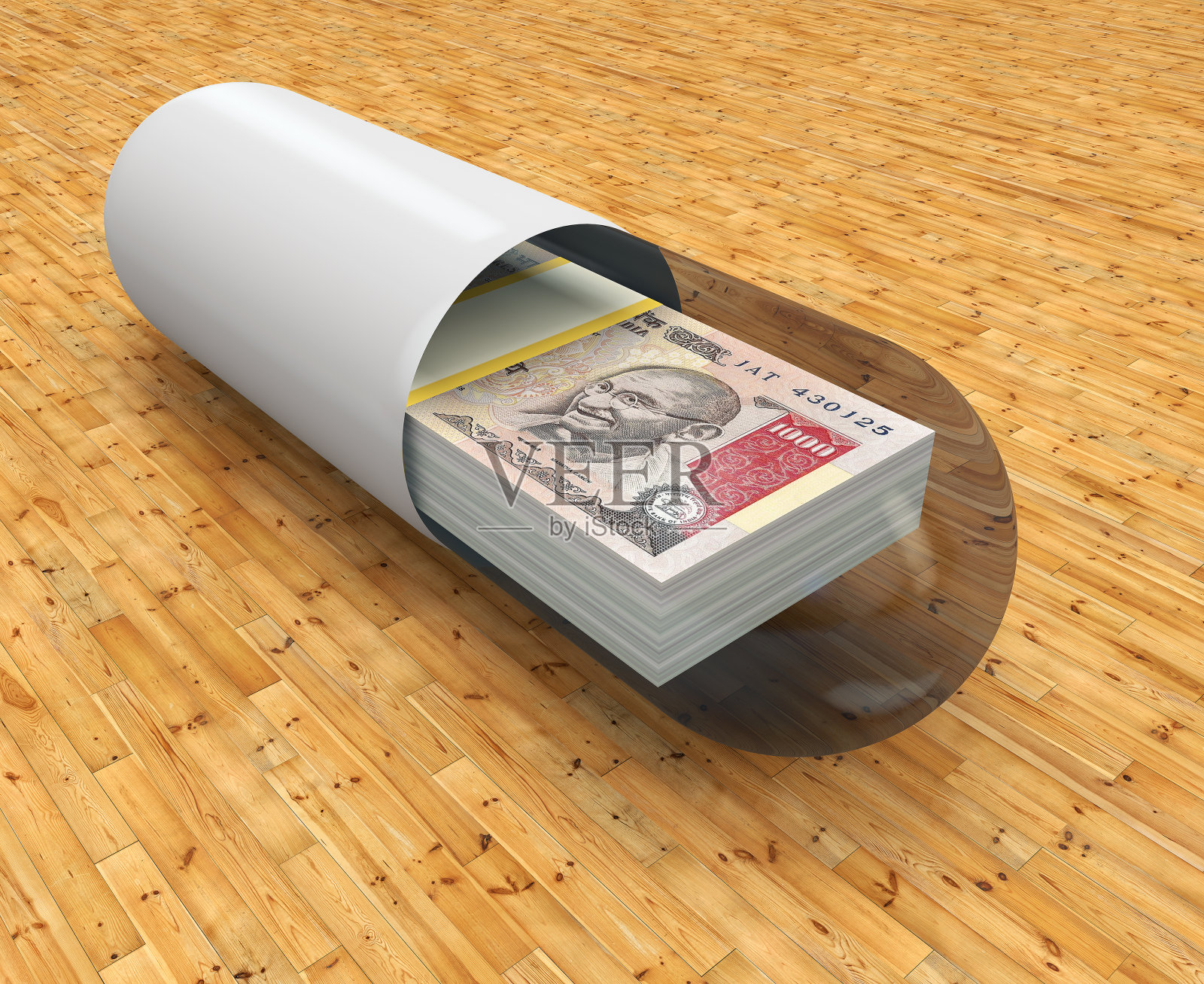 卢比包在胶囊里，药丸里。照片摄影图片