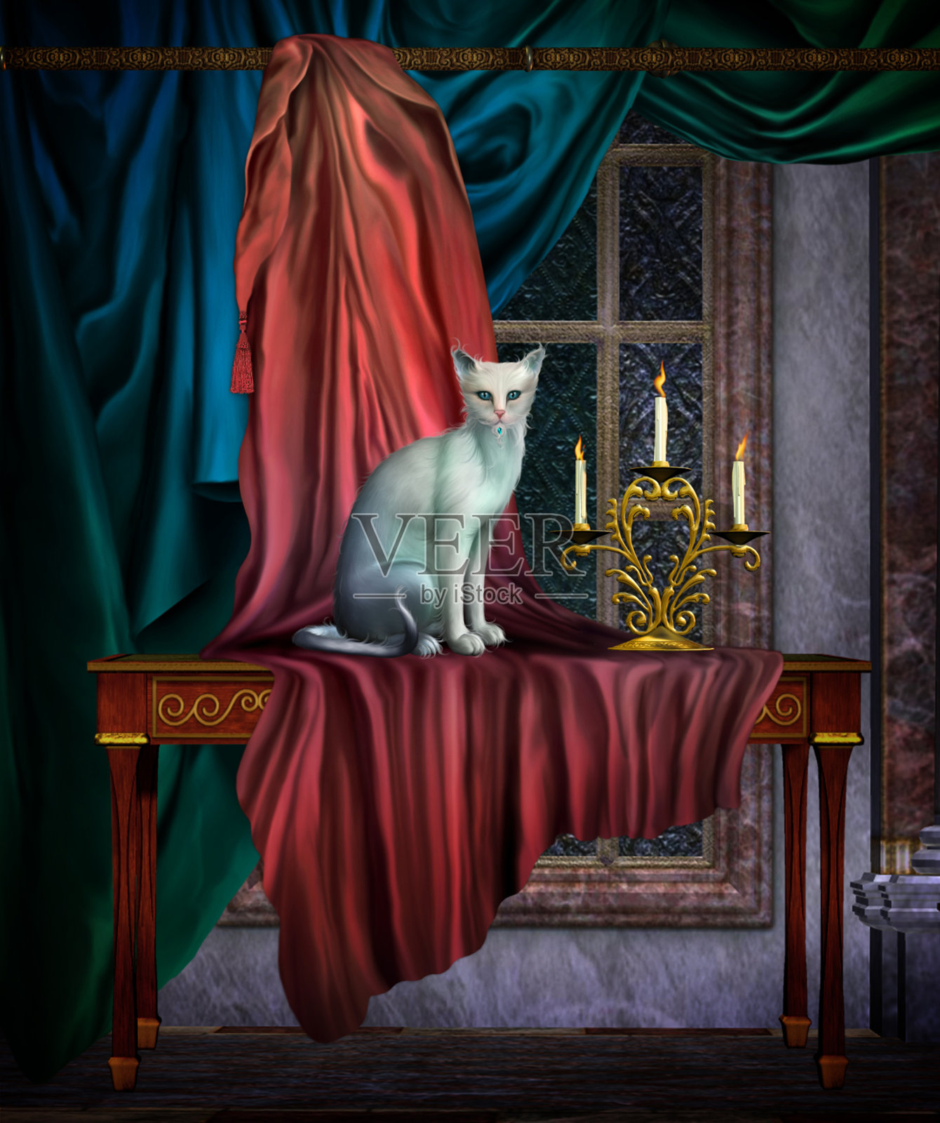 室内的白色猫和窗帘的3d插图插画图片素材