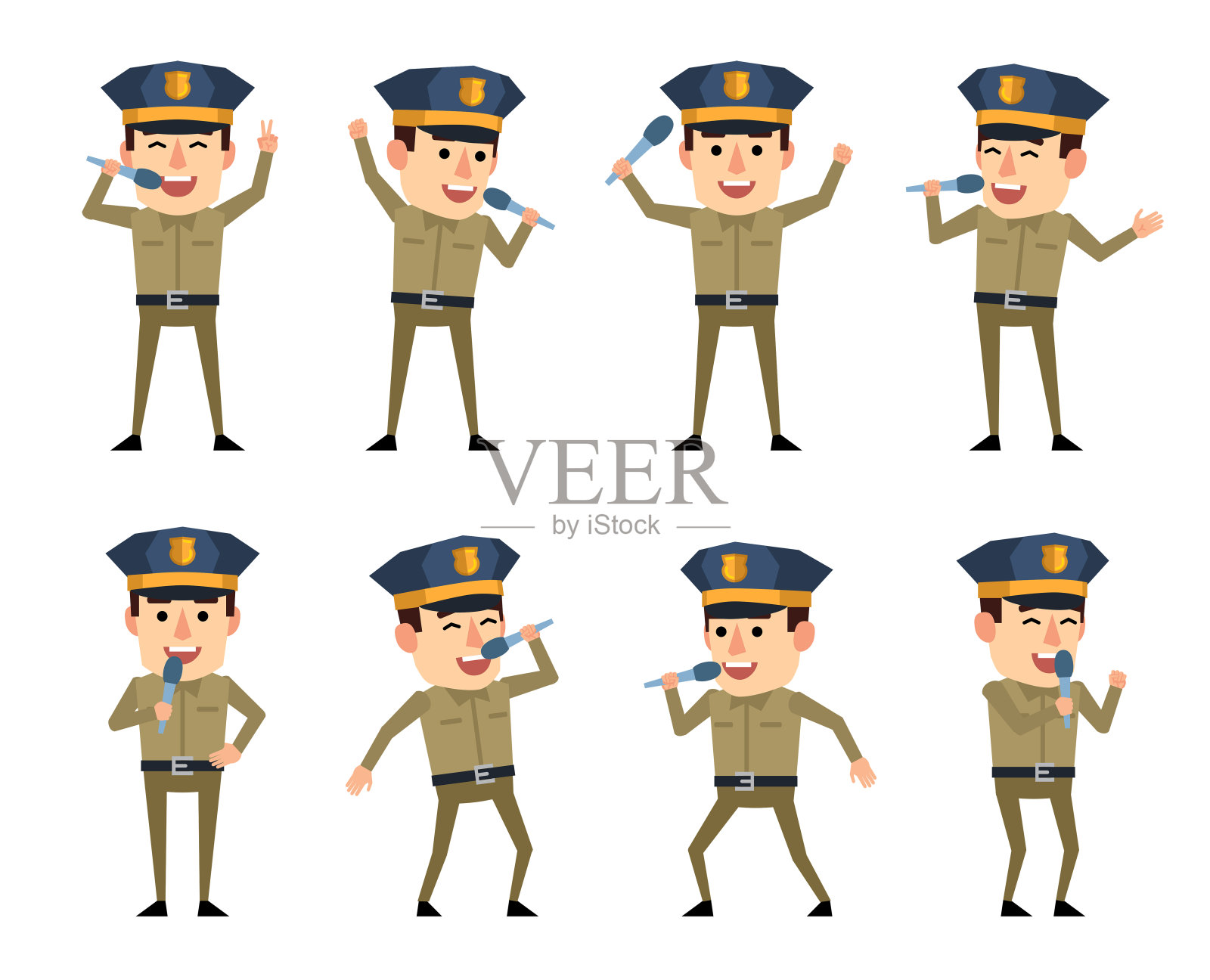 一组手持麦克风唱歌的警察角色设计元素图片
