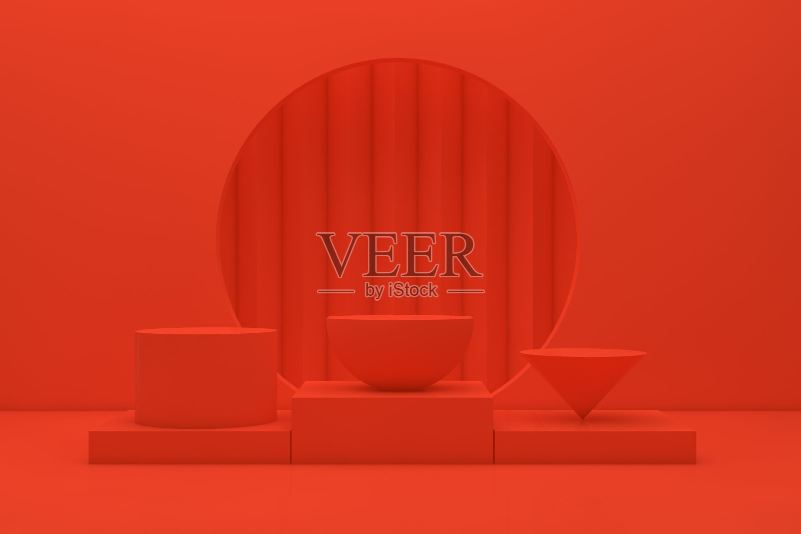 3D场景几何形状与空产品站，平台，抽象最小红色背景照片摄影图片