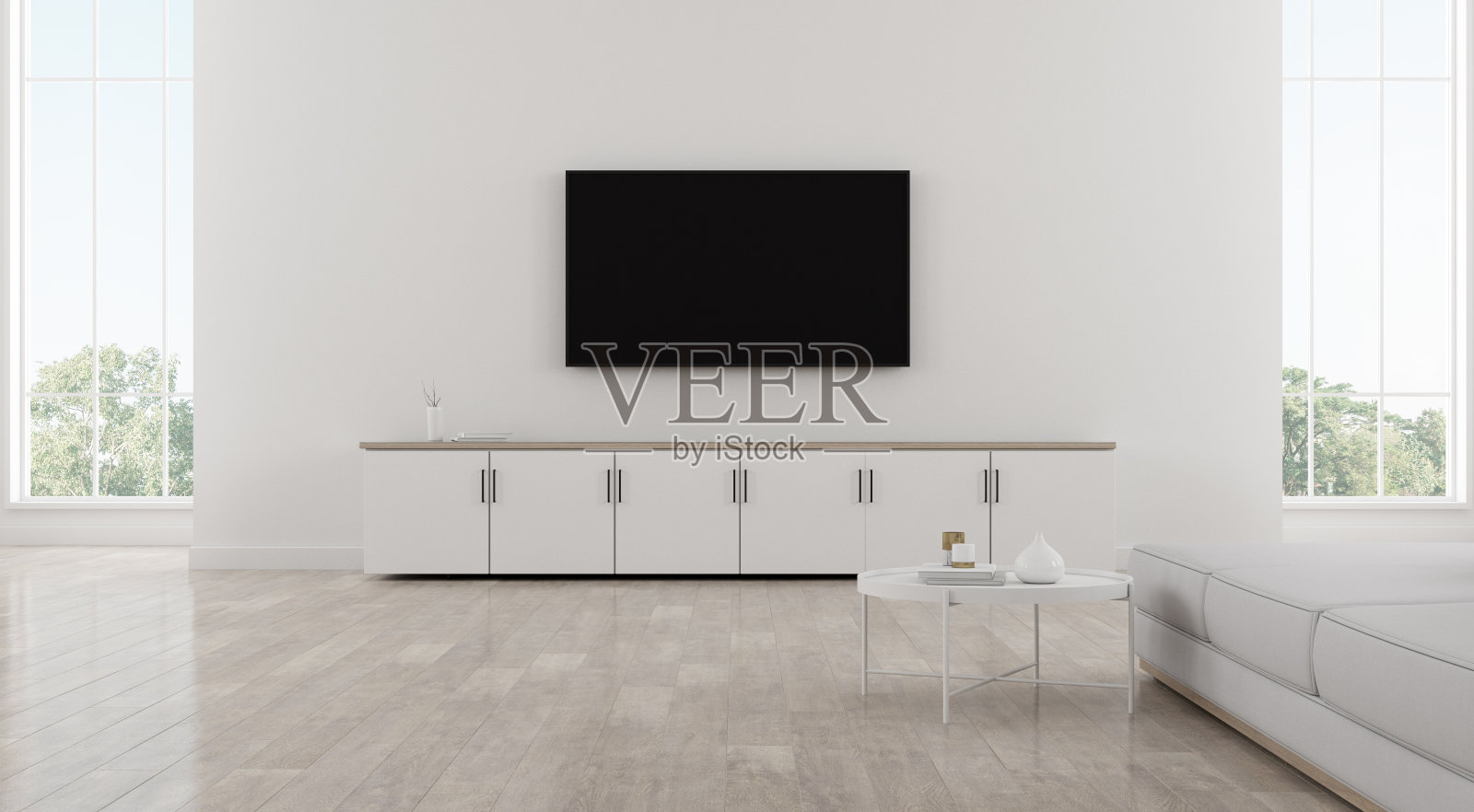 白色简约风格的客厅，明亮的层压板地板上的家具。室内设计有电视和橱柜。在白墙上，3d渲染。照片摄影图片