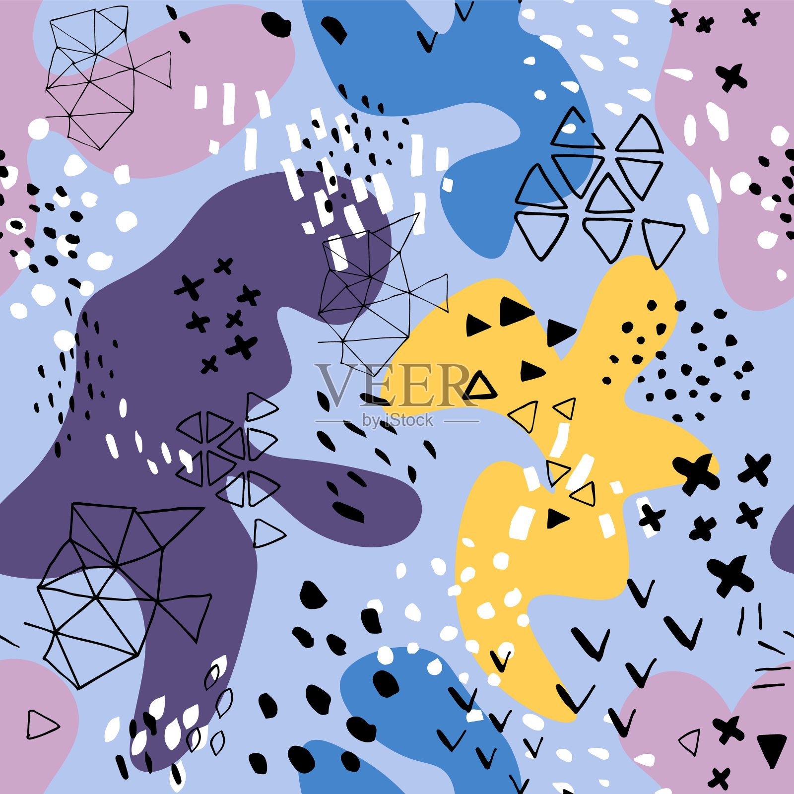 具有不同形状和纹理的创意涂鸦艺术标题。拼贴画。色彩飞溅抽象卡通背景或儿童游乐场横幅设计元素。覆盖彩色斑点图案的几何形状，线和点在新潮的孟菲斯动画80 -插画图片素材