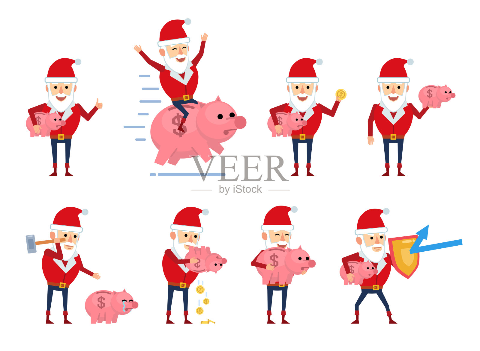 一组圣诞老人角色在不同的情况下与小猪储蓄罐摆姿势。有趣的圣诞老人骑着巨大的储蓄罐，存钱和展示其他动作插画图片素材