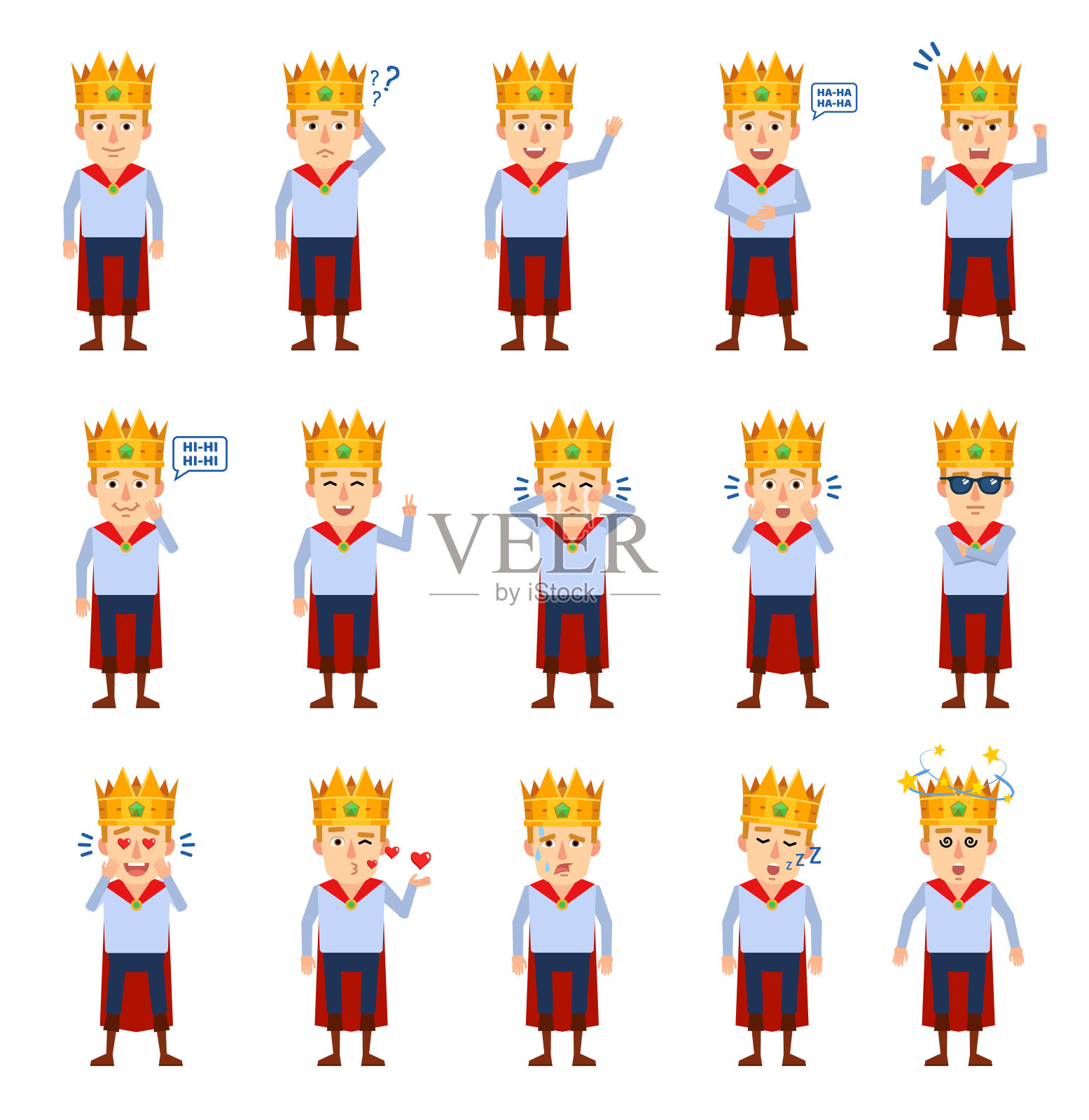 一组中世纪王子的不同面部表情。兴高采烈的年轻国王笑着、哭着、惊讶着、生气着等各种情绪设计元素图片